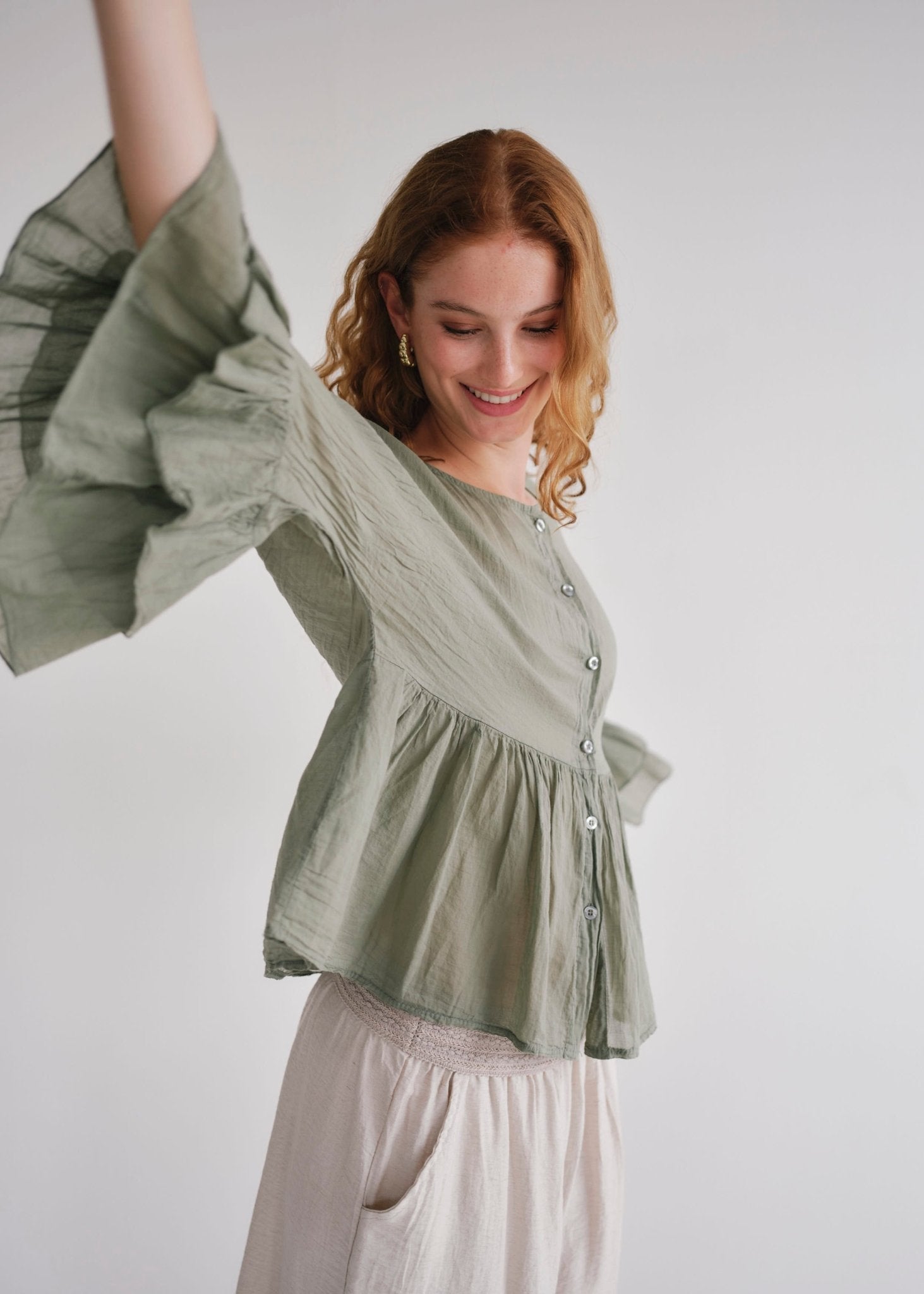 View our Gia Italian Cotton Boho Blouse In Khaki - by Tribute Store