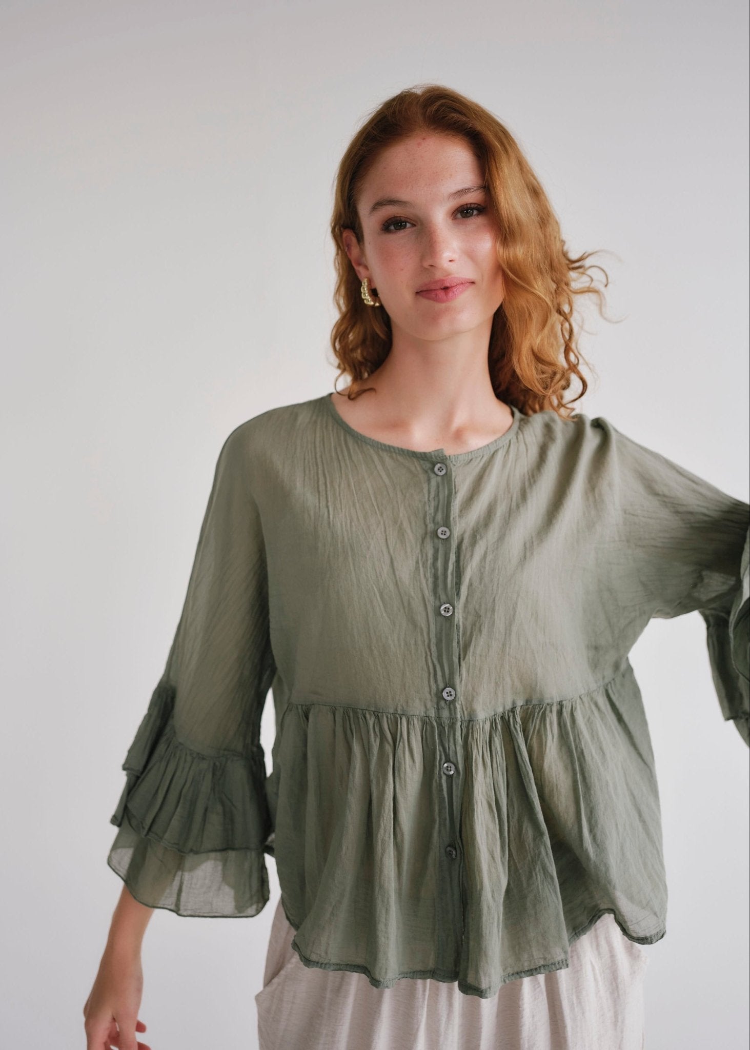View our Gia Italian Cotton Boho Blouse In Khaki - by Tribute Store