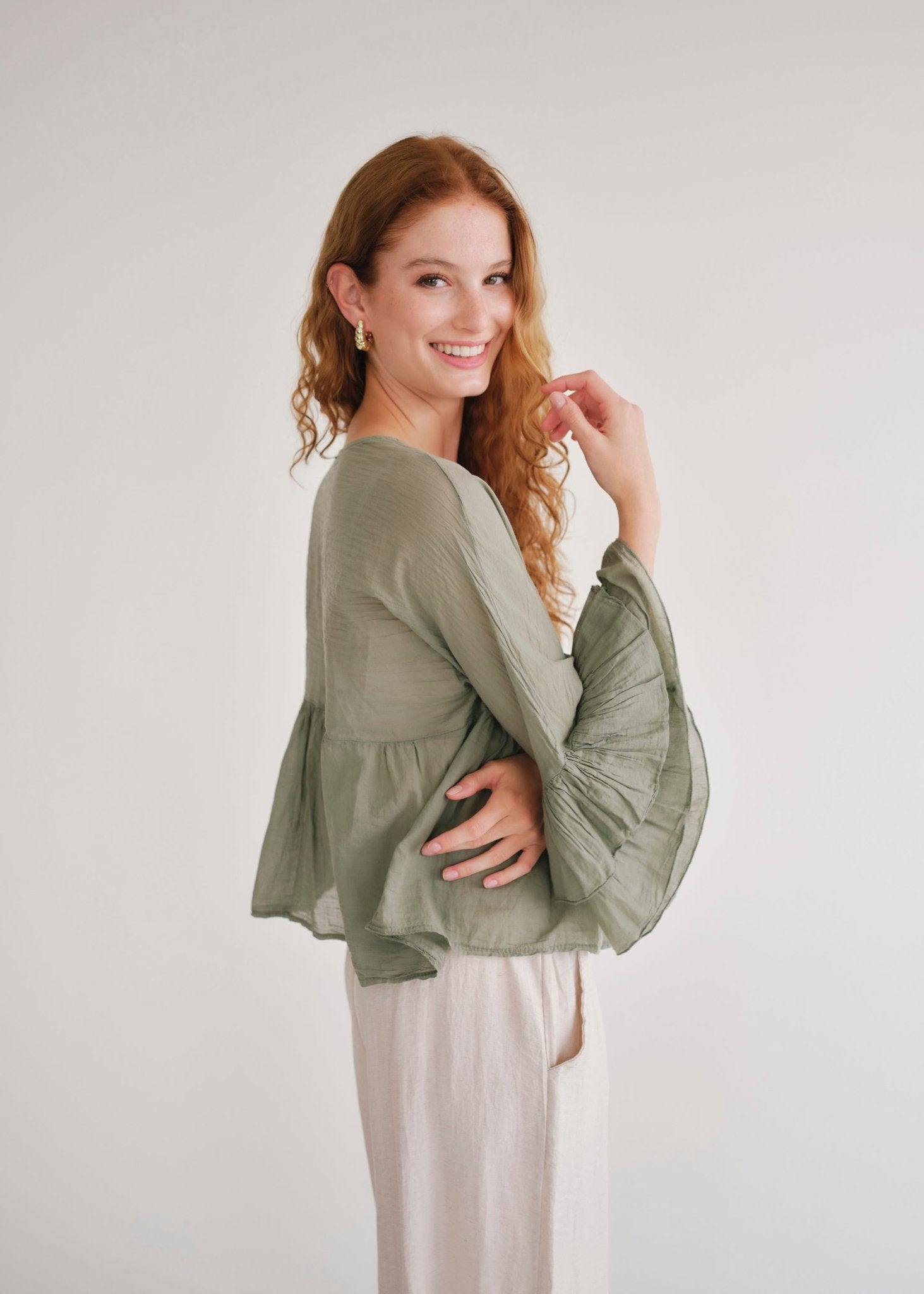 View our Gia Italian Cotton Boho Blouse In Khaki - by Tribute Store