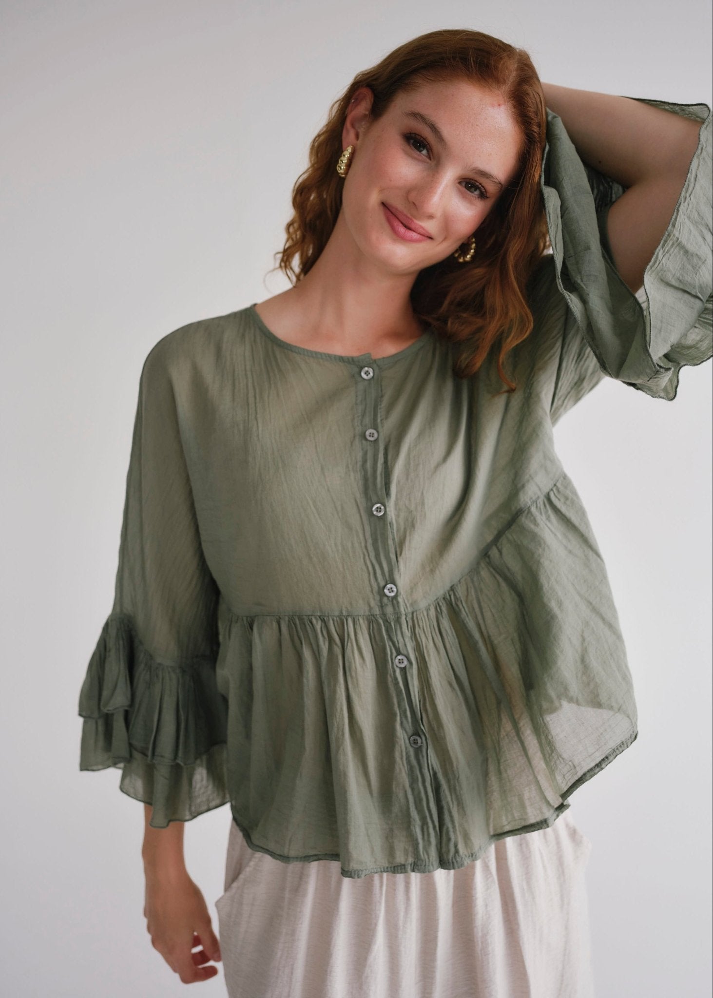 View our Gia Italian Cotton Boho Blouse In Khaki - by Tribute Store
