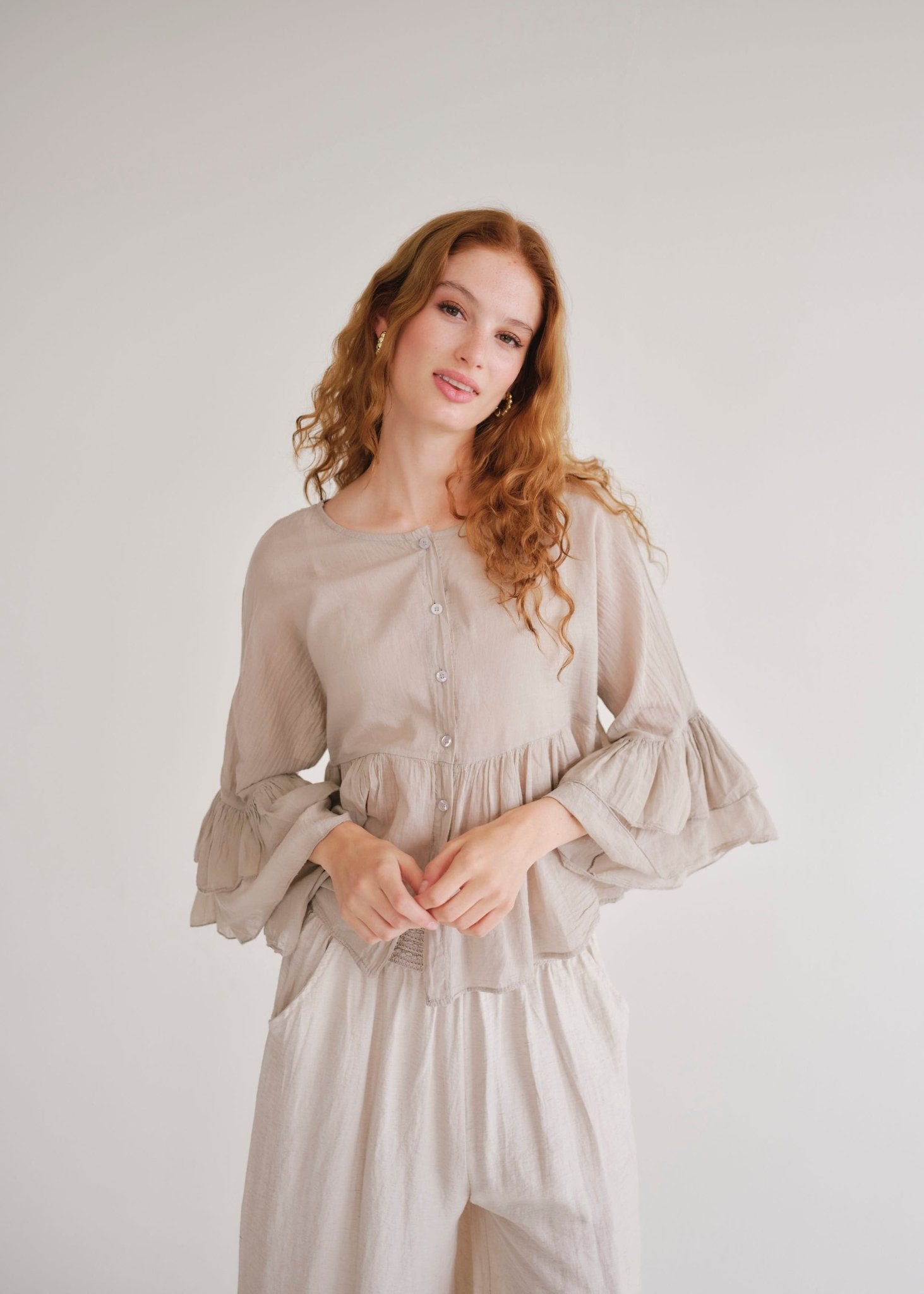 View our Gia Italian Cotton Boho Blouse In Taupe - by Tribute Store