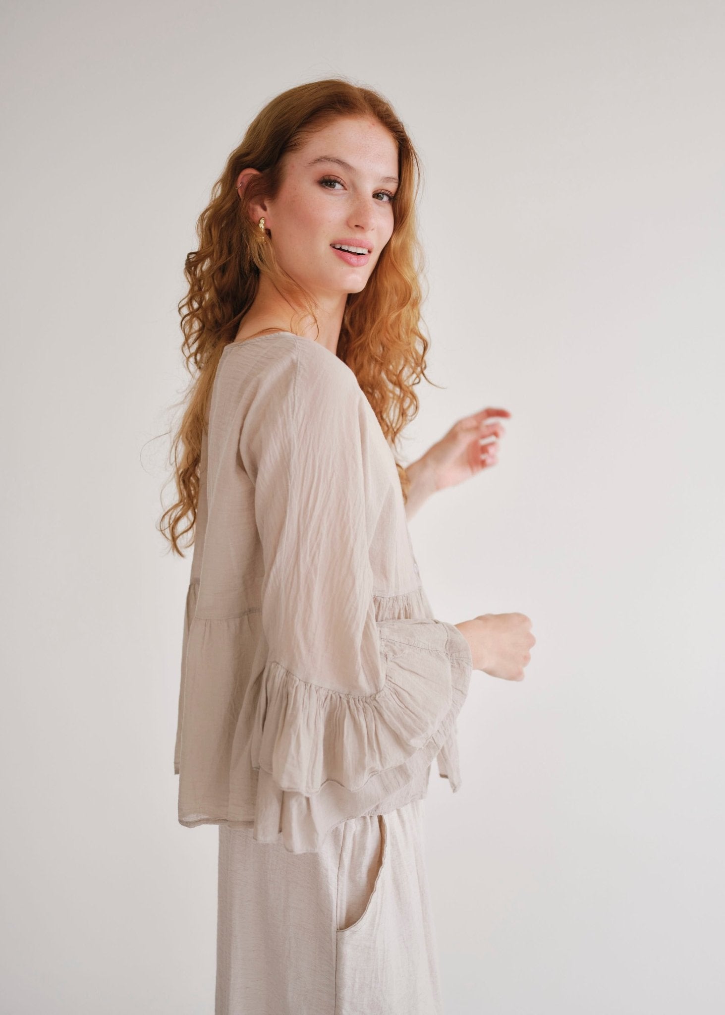 View our Gia Italian Cotton Boho Blouse In Taupe - by Tribute Store