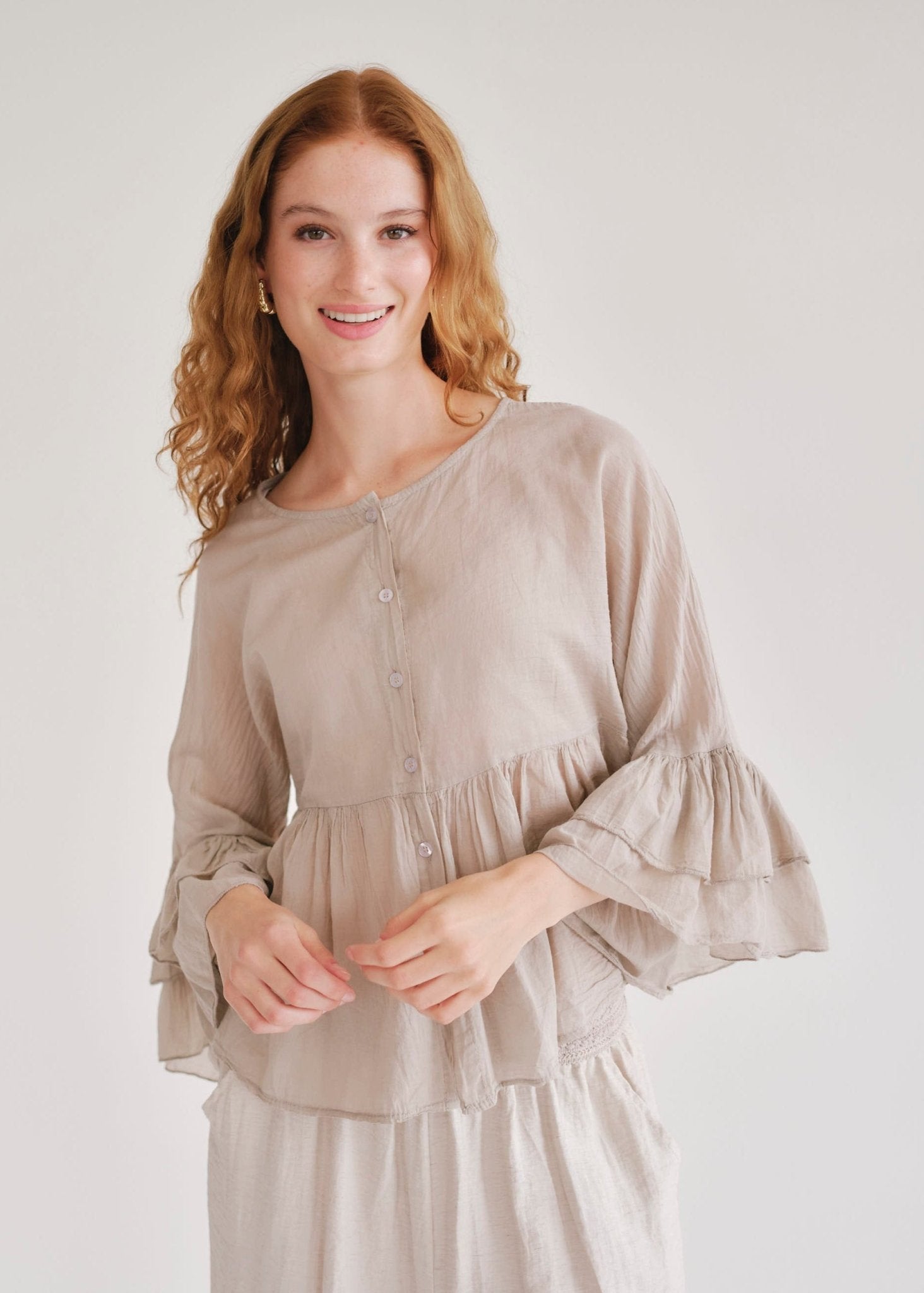 View our Gia Italian Cotton Boho Blouse In Taupe - by Tribute Store