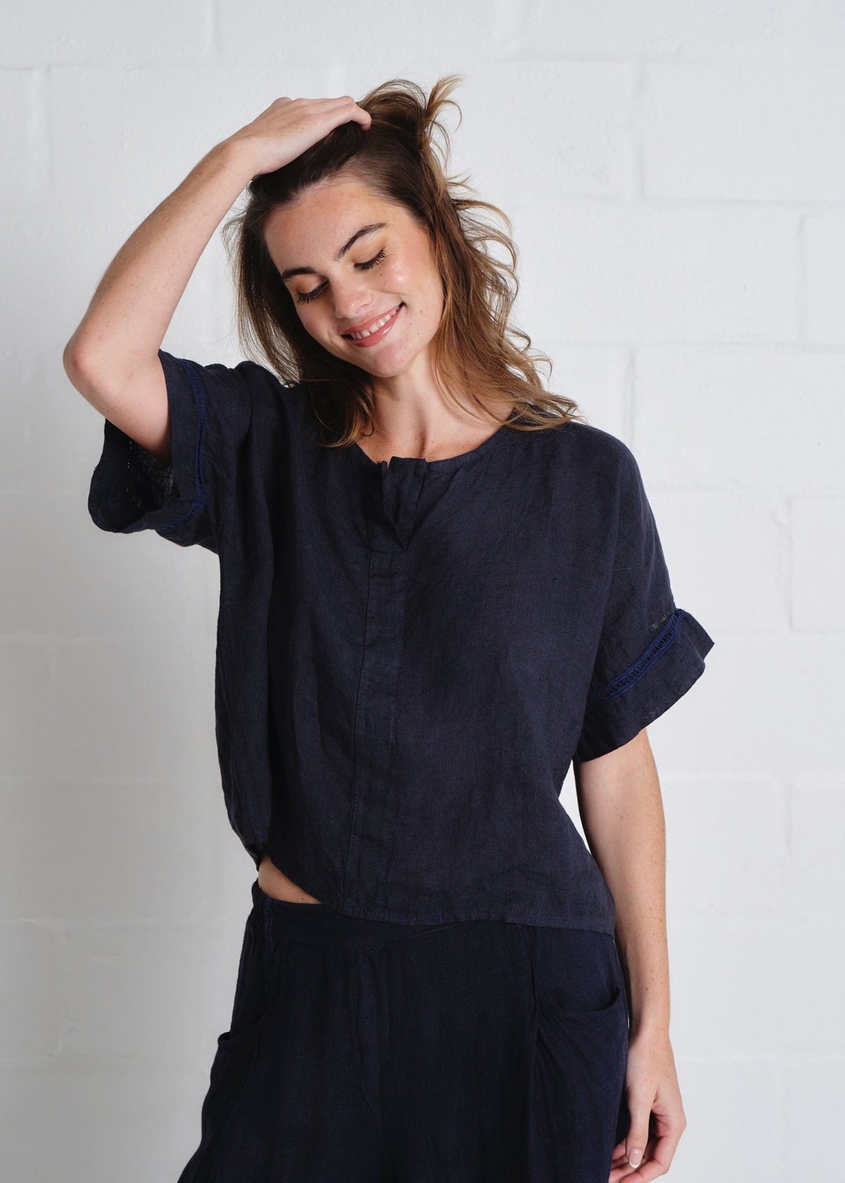View our Havana Crochet Sleeve Top In Navy - by Tribute Store