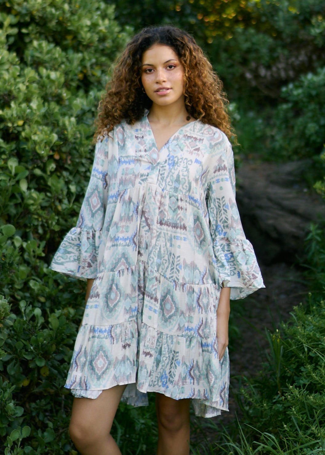 View our Helena Short Bohemian Dress in Blue Abstract Print - by Tribute Store