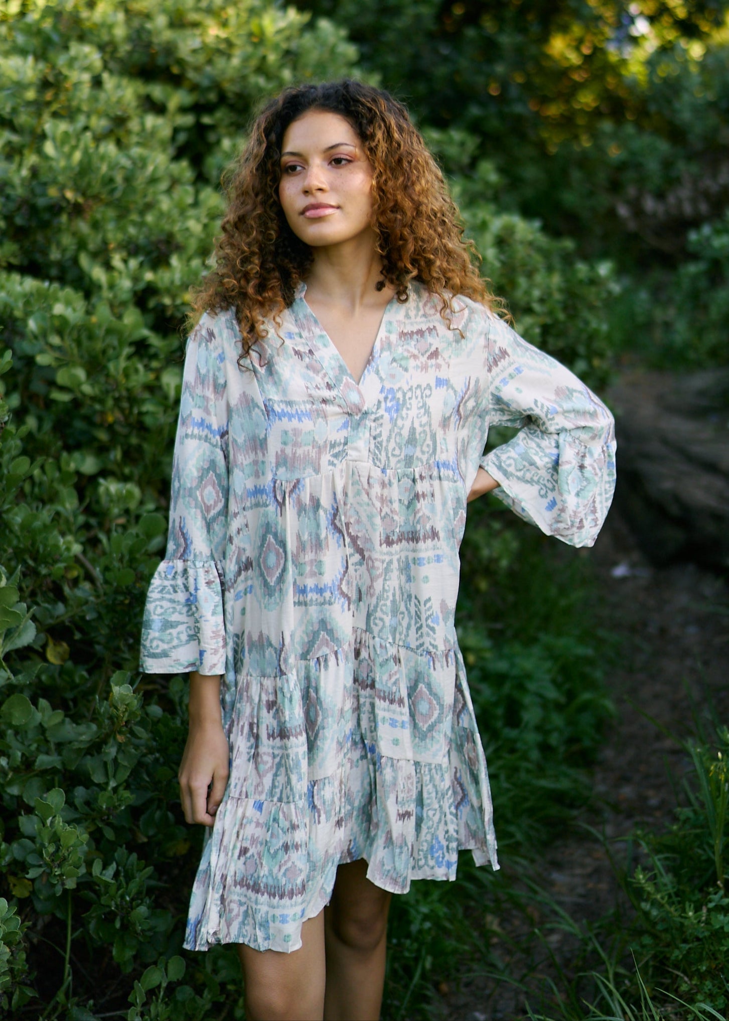 View our Helena Short Bohemian Dress in Blue Abstract Print - by Tribute Store