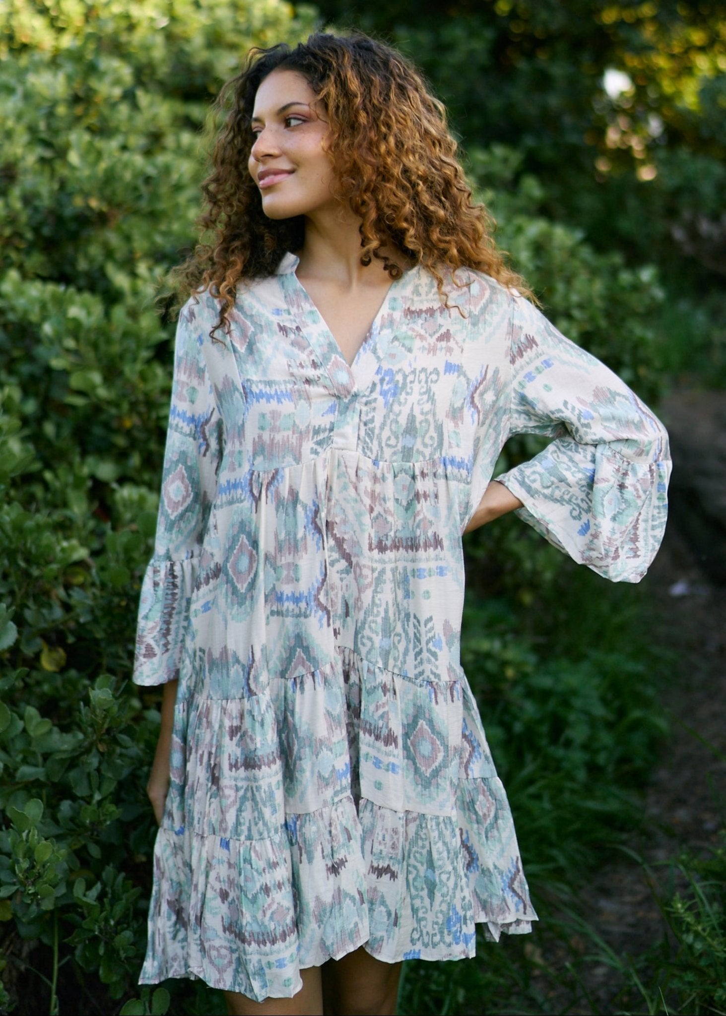 View our Helena Short Bohemian Dress in Blue Abstract Print - by Tribute Store