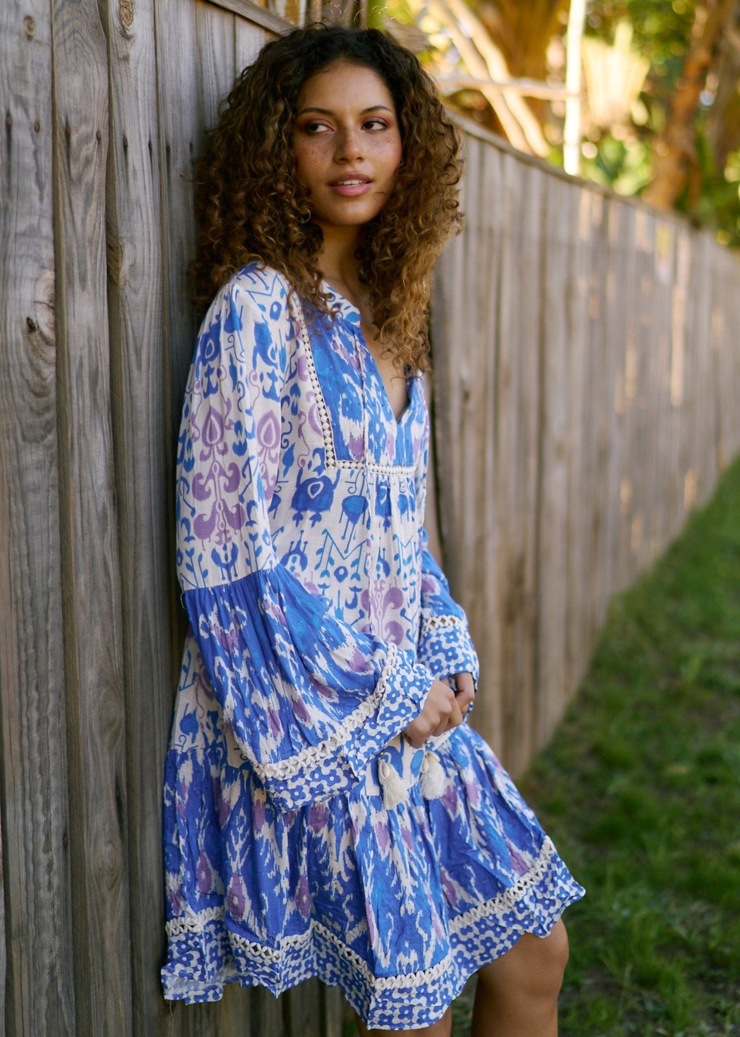 View our Helena Short Bohemian Dress with Tassels in Indigo Blue - by Tribute Store