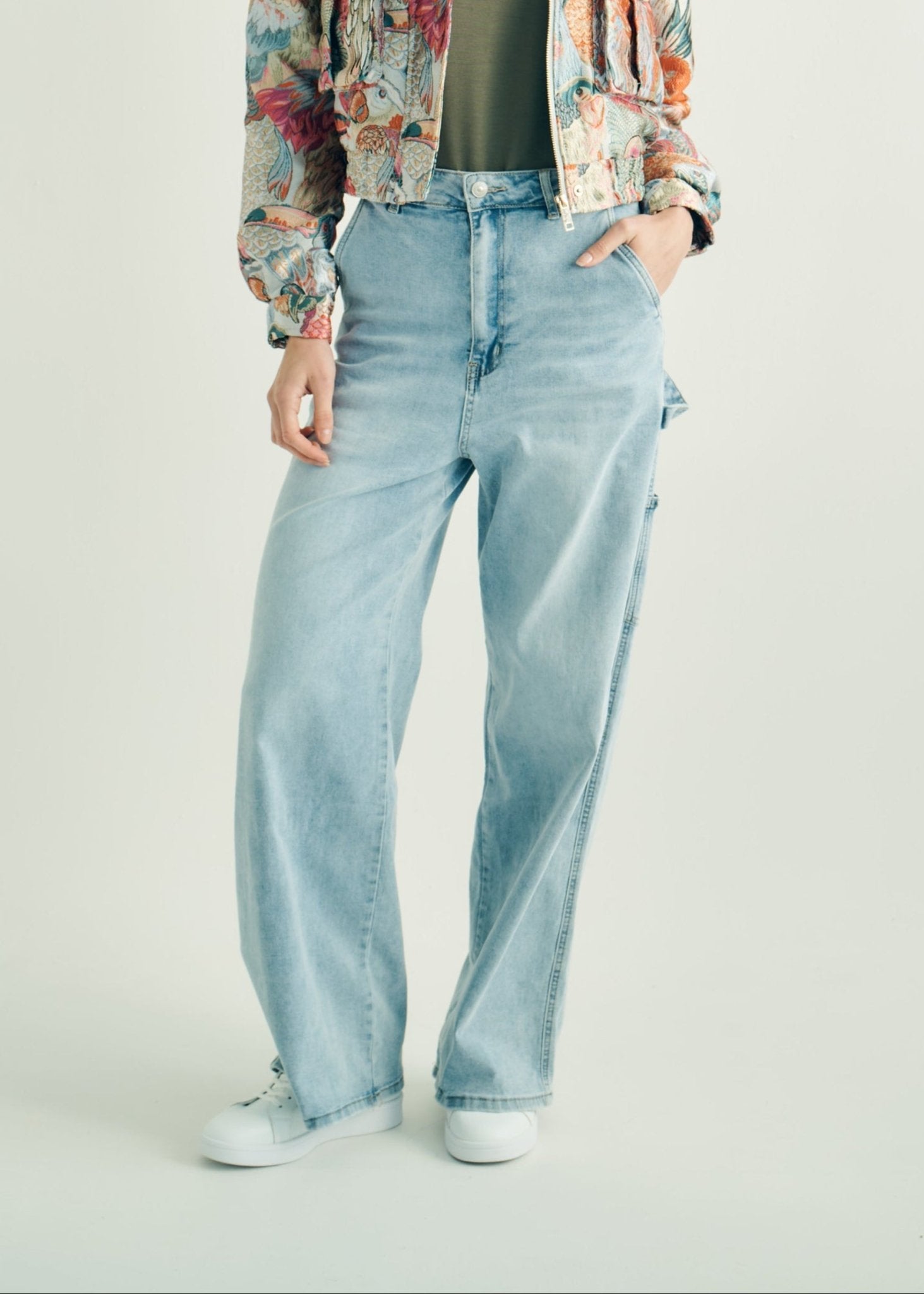 View our High Rise Cargo Style Wide Leg Jeans in Light Blue Denim - by Tribute Store