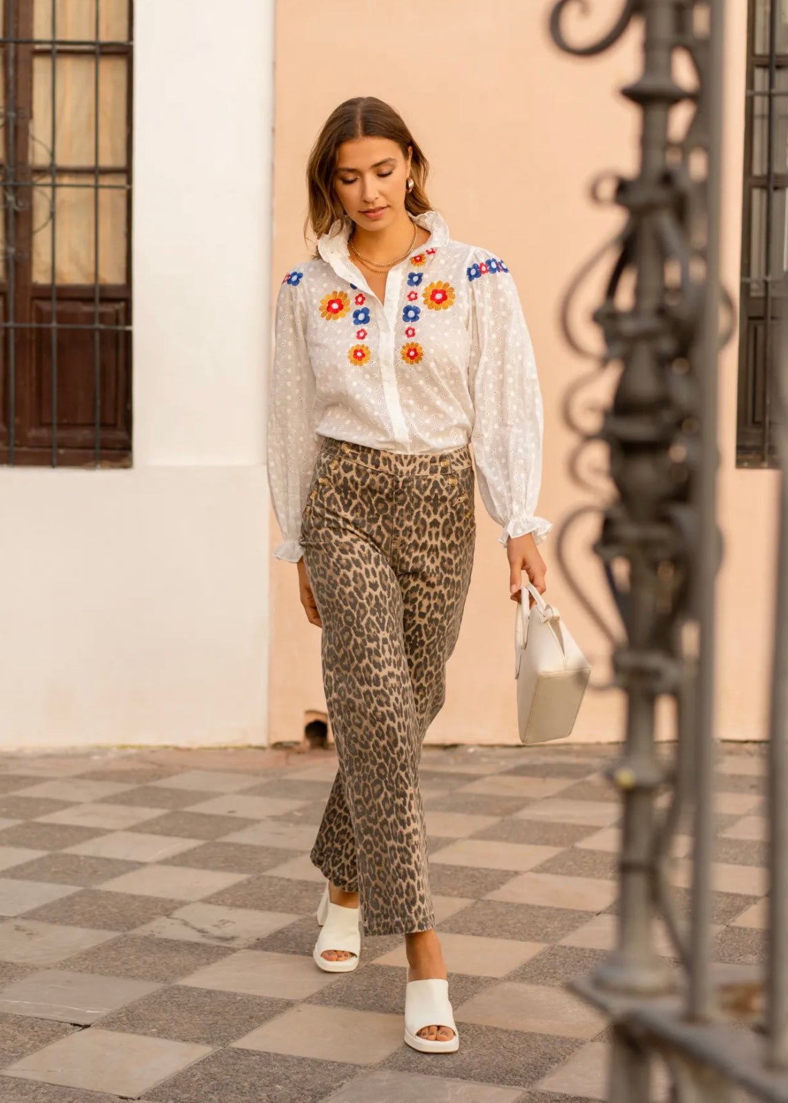 View our High - Waisted Wide Leg Relaxed Fit Jeans with Front Buttons in Animal Print - by Tribute Store