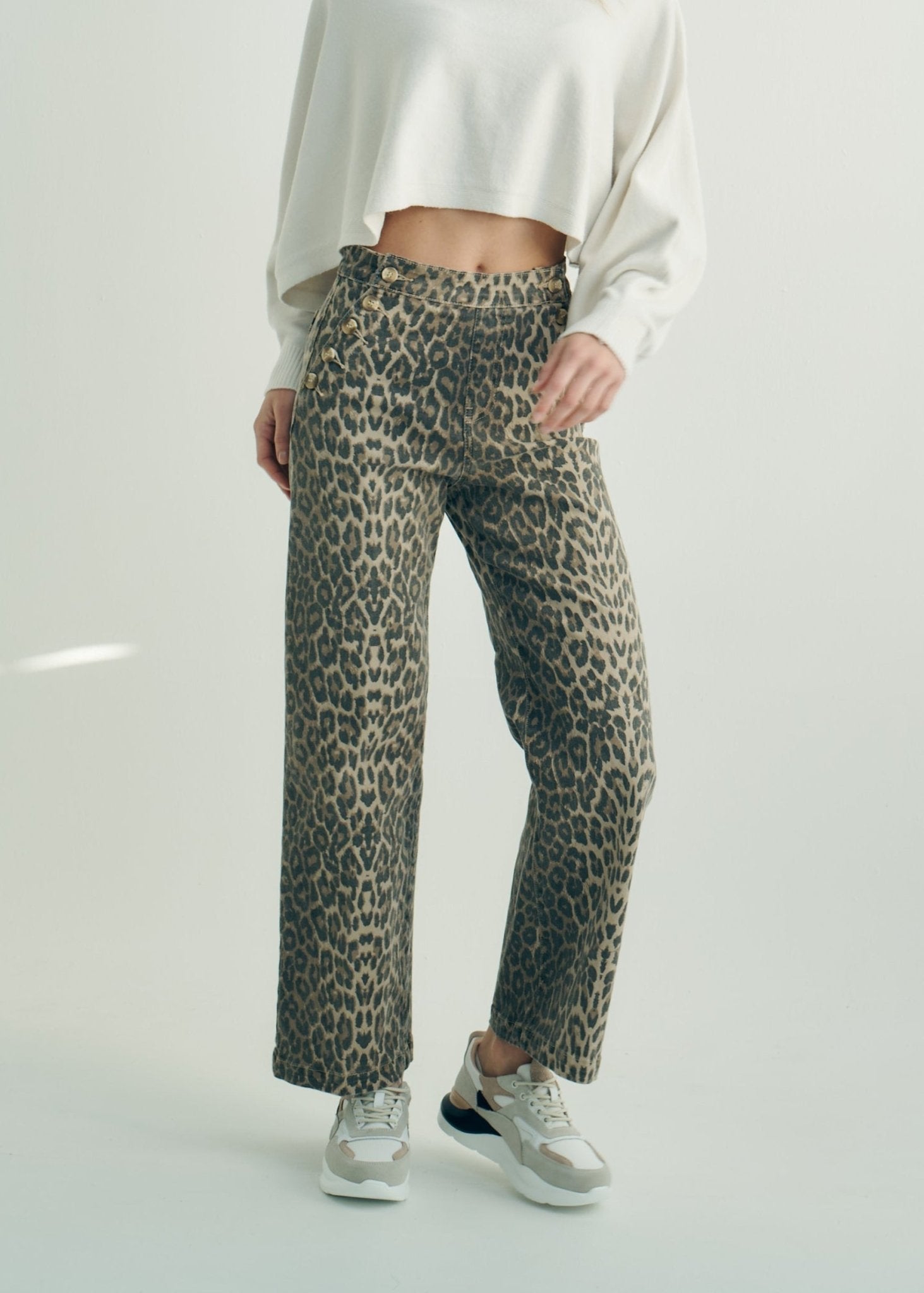 View our High - Waisted Wide Leg Relaxed Fit Jeans with Front Buttons in Animal Print - by Tribute Store