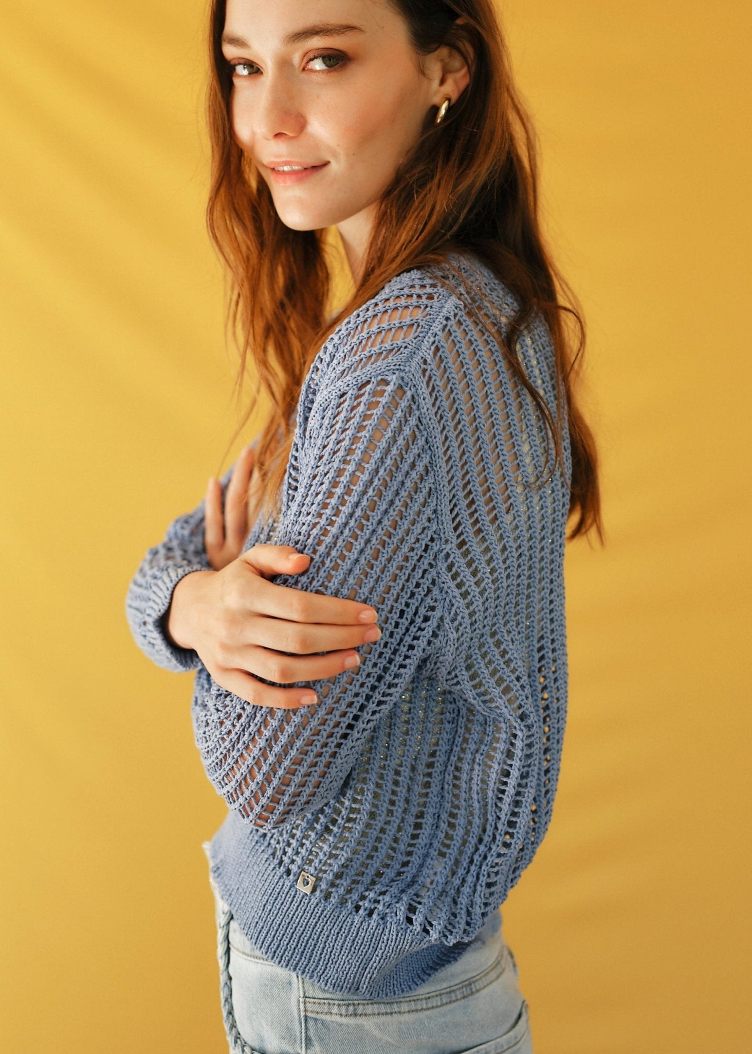 View our Ibiza Knitted Open Weave Jumper with Lurex in Blue - by Tribute Store