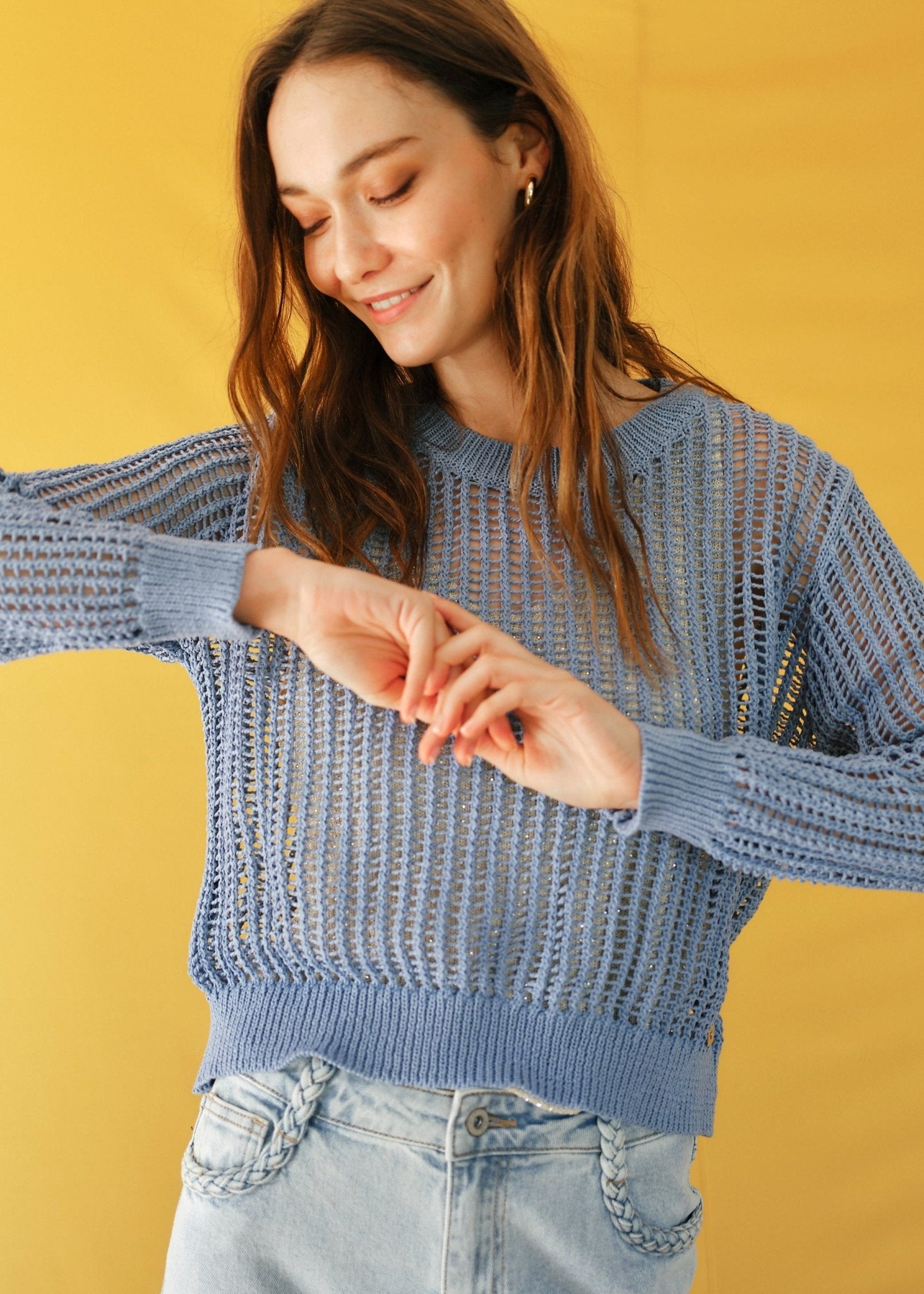 View our Ibiza Knitted Open Weave Jumper with Lurex in Blue - by Tribute Store