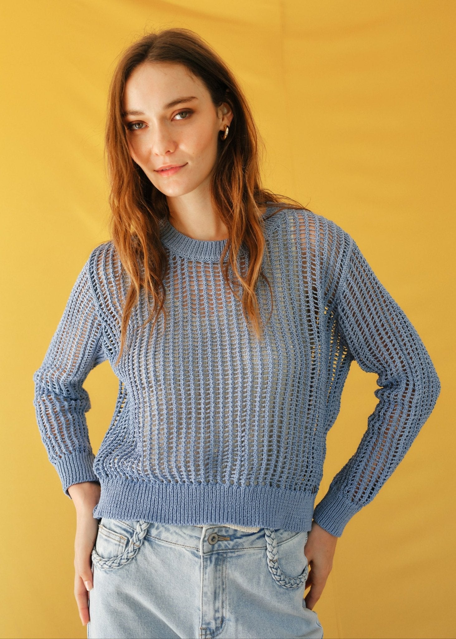 View our Ibiza Knitted Open Weave Jumper with Lurex in Blue - by Tribute Store