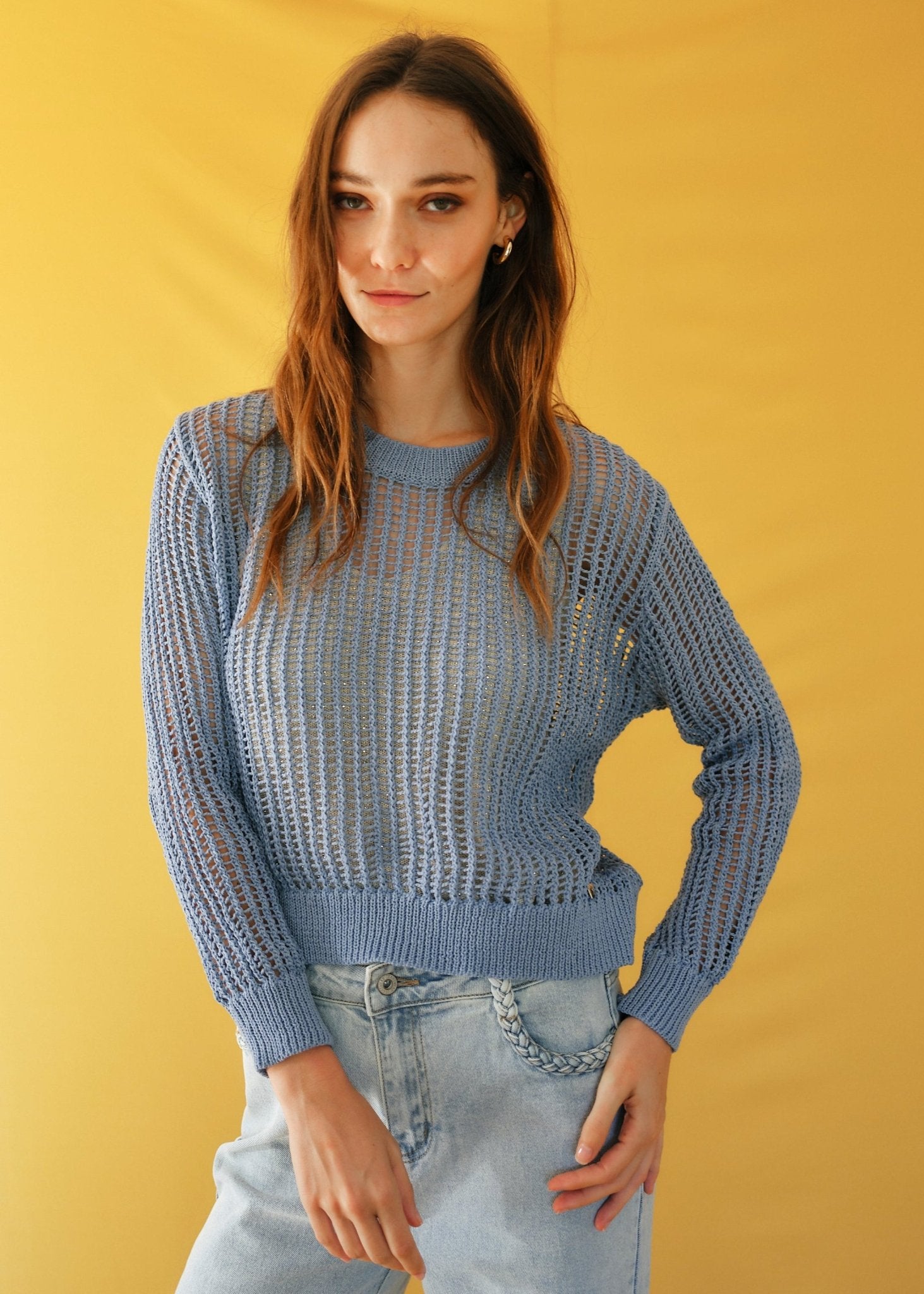 View our Ibiza Knitted Open Weave Jumper with Lurex in Blue - by Tribute Store