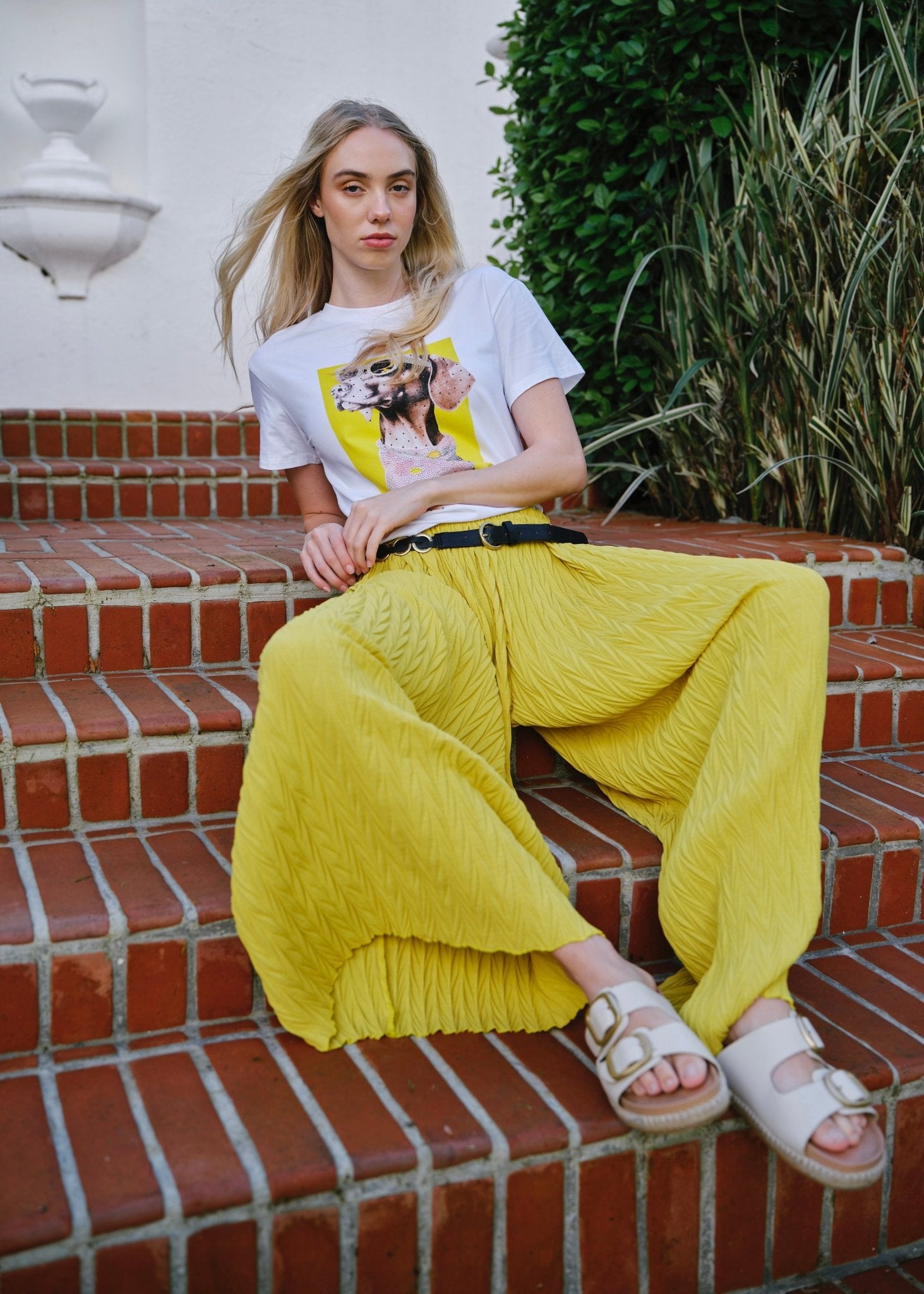 View our Ischia Textured Palazzo Pants in Mustard - by Tribute Store