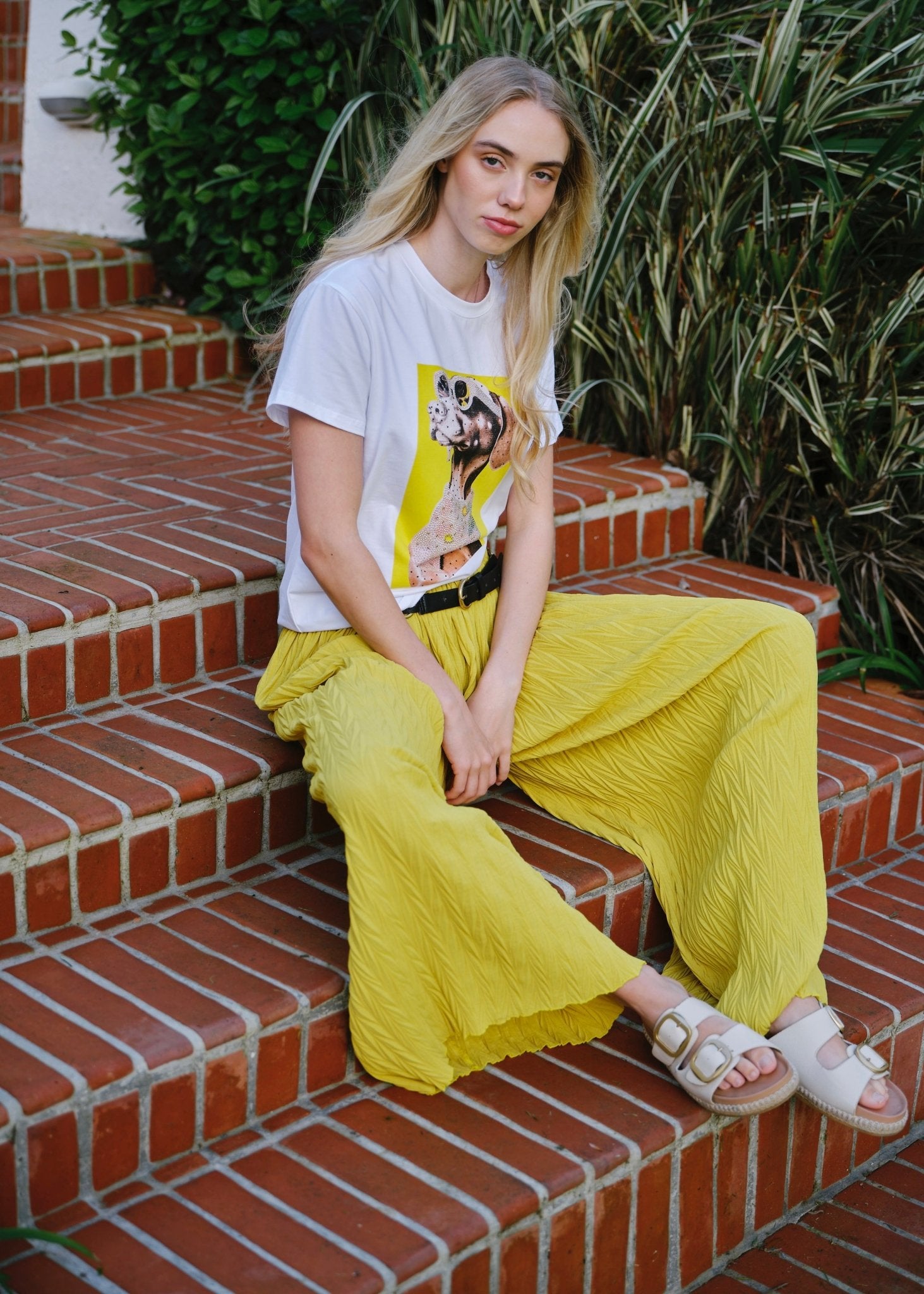 View our Ischia Textured Palazzo Pants in Mustard - by Tribute Store