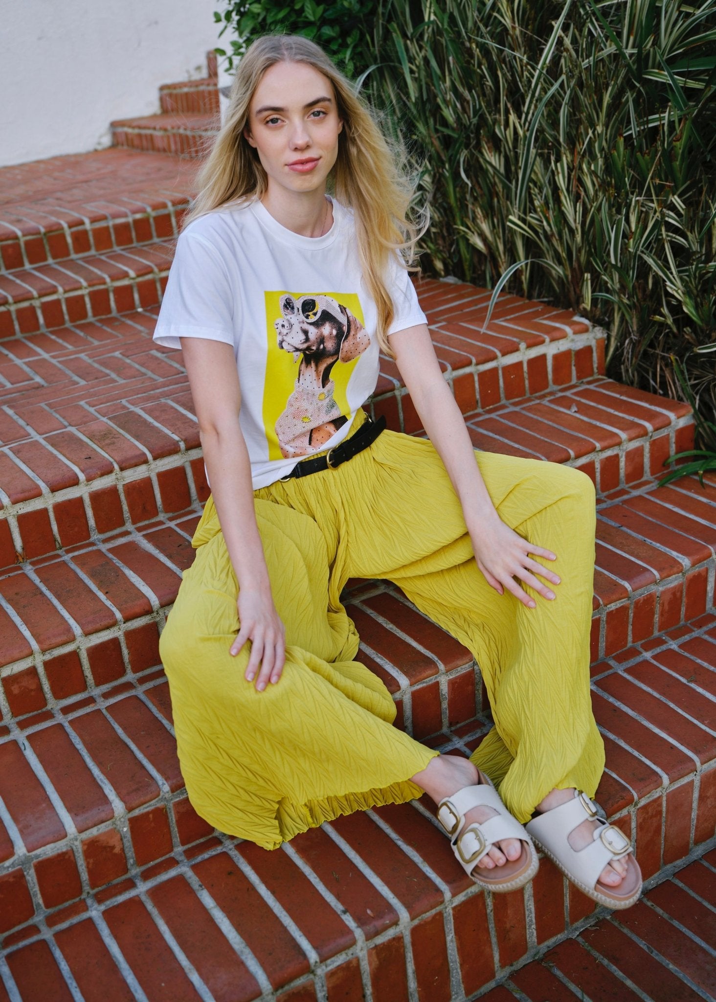 View our Ischia Textured Palazzo Pants in Mustard - by Tribute Store