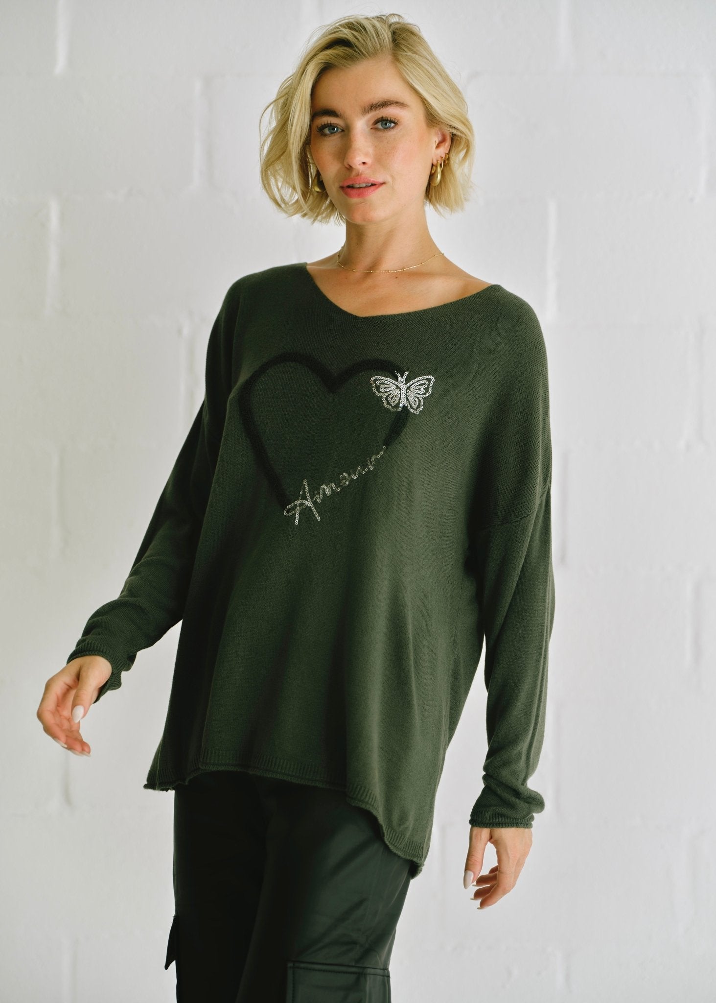 View our Italian Amour V Neck Knit In Khaki - by Tribute Store