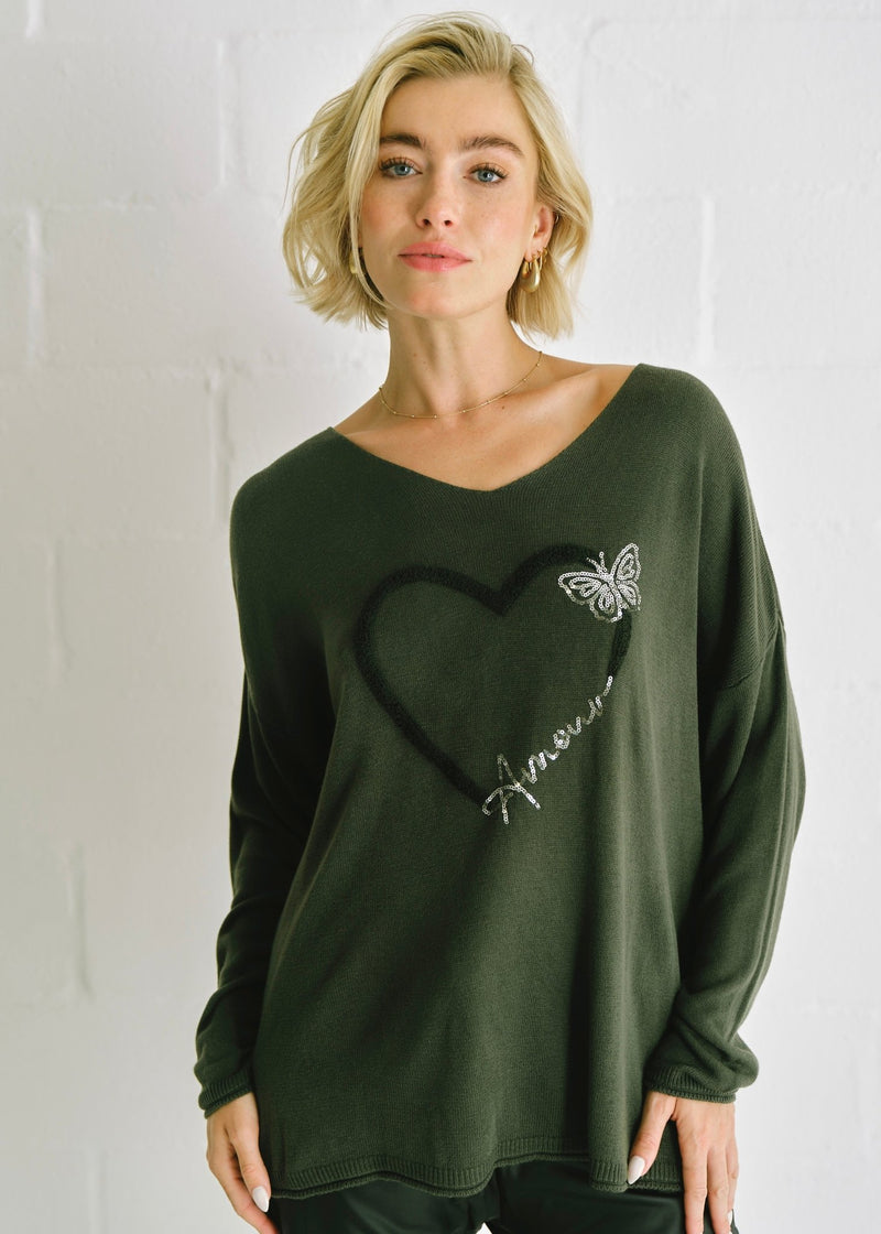 View our Italian Amour V Neck Knit In Khaki - by Tribute Store