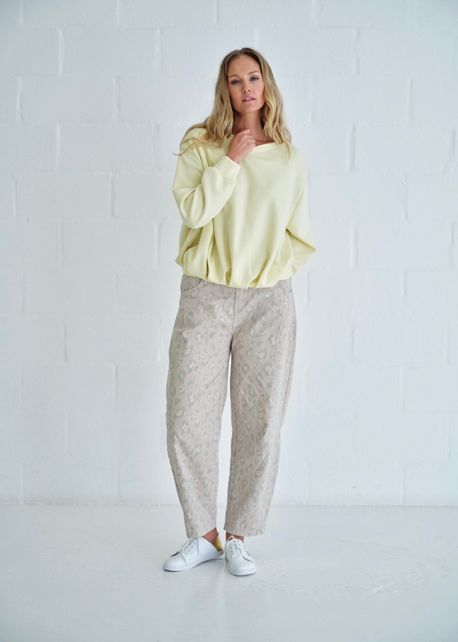 View our Italian Cotton Barrel Trousers With Leopard Print In Stonewashed Beige - by Tribute Store