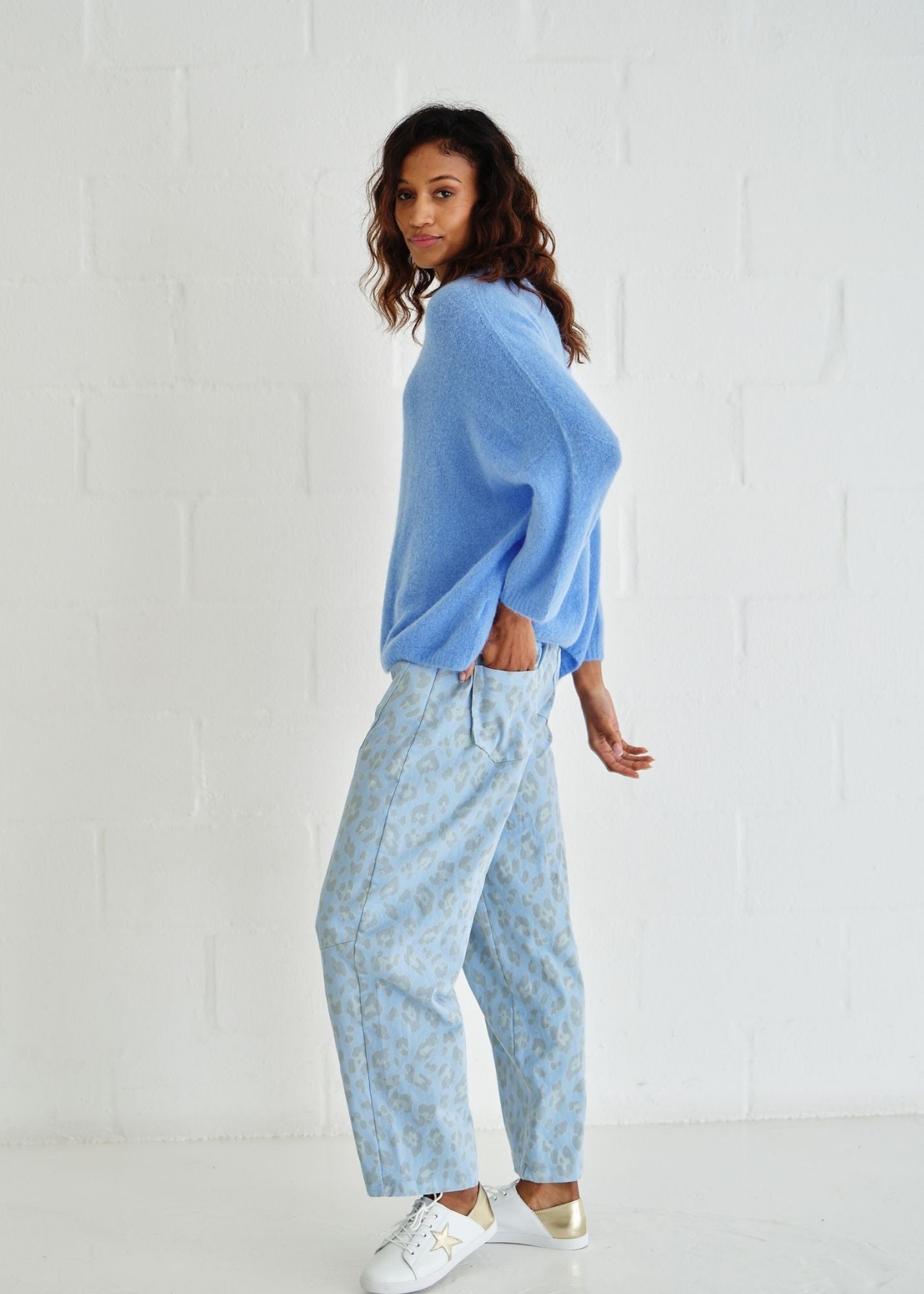 View our Italian Cotton Barrel Trousers With Leopard Print In Stonewashed Blue Jean - by Tribute Store