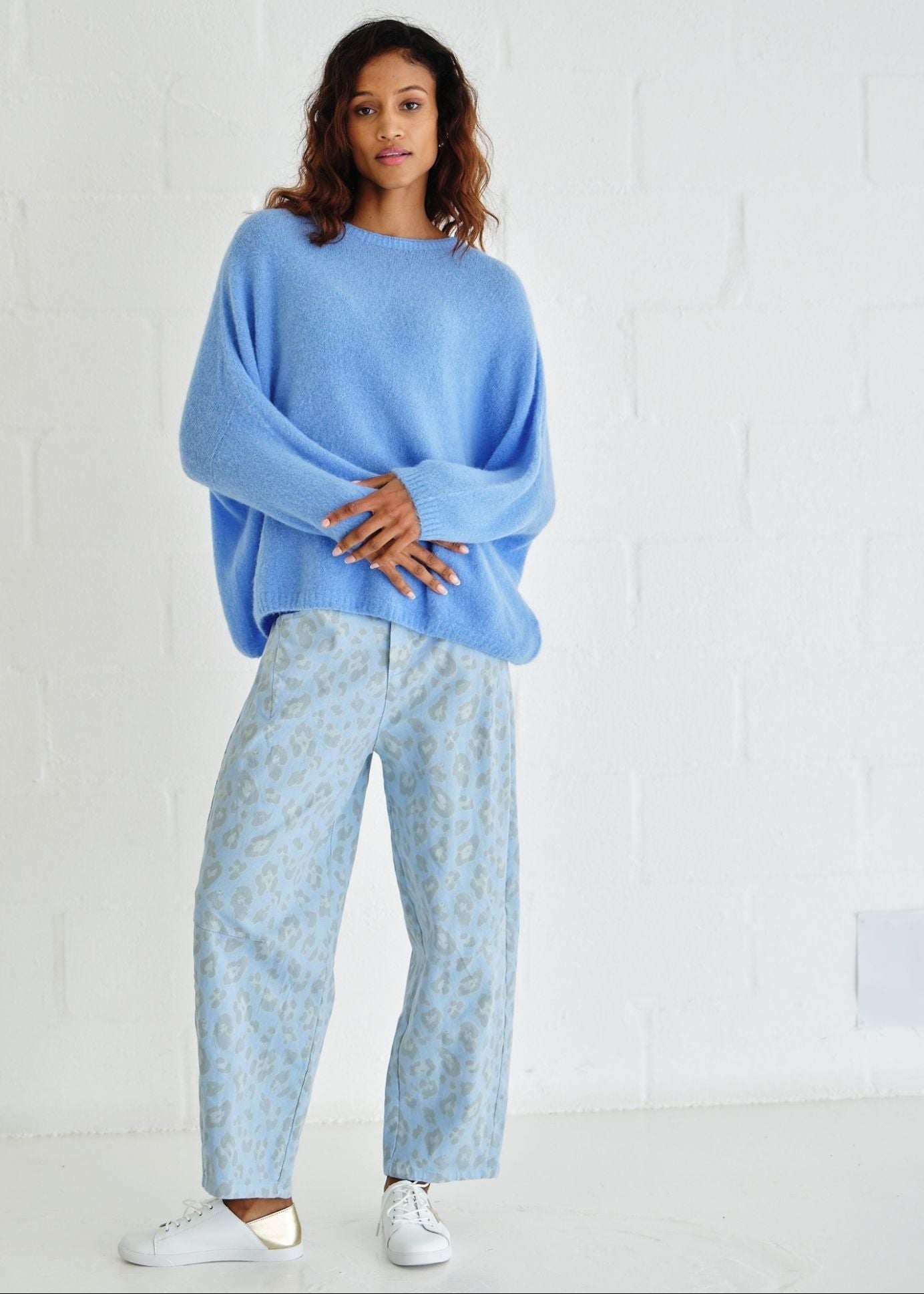 View our Italian Cotton Barrel Trousers With Leopard Print In Stonewashed Blue Jean - by Tribute Store
