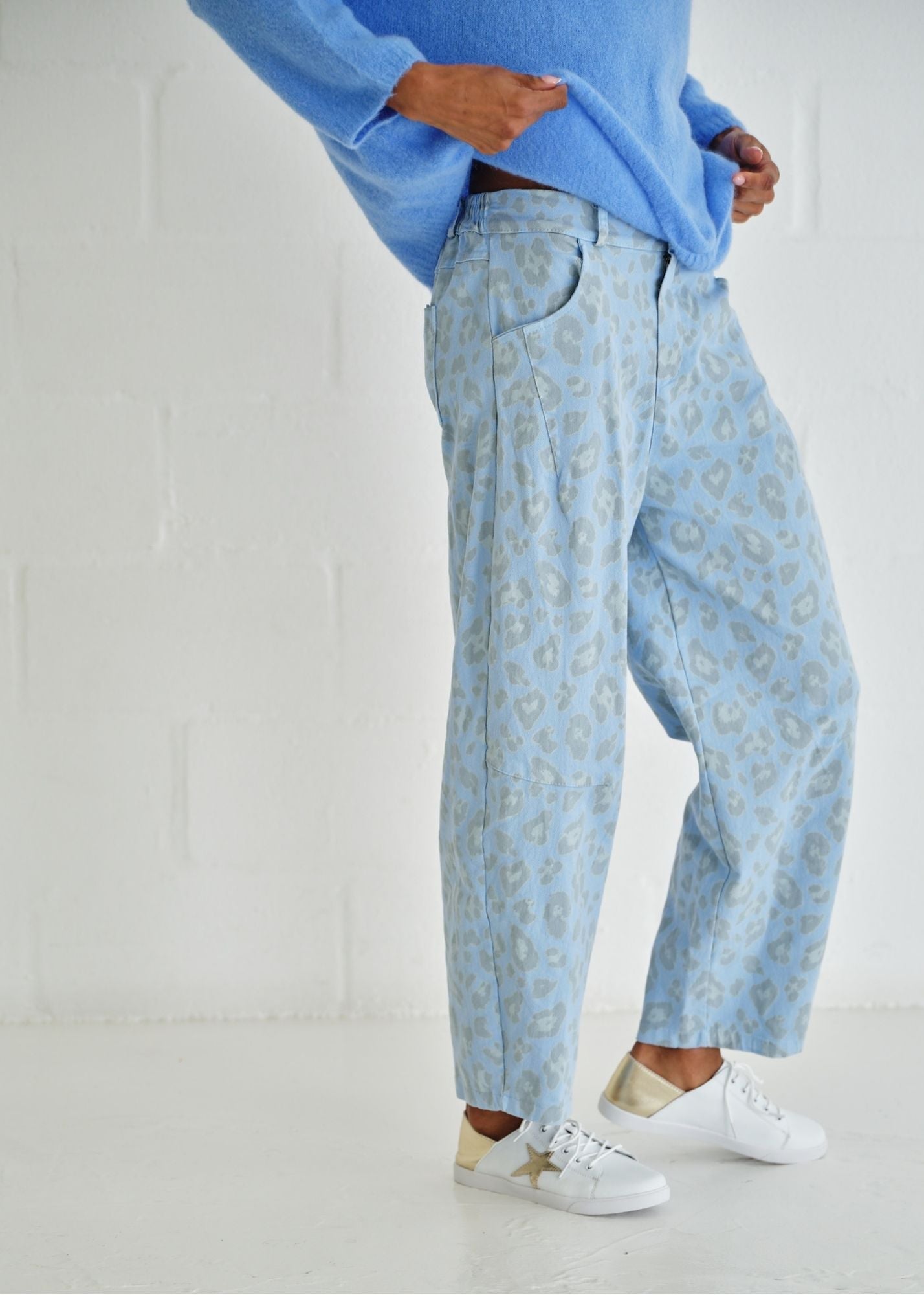 View our Italian Cotton Barrel Trousers With Leopard Print In Stonewashed Blue Jean - by Tribute Store