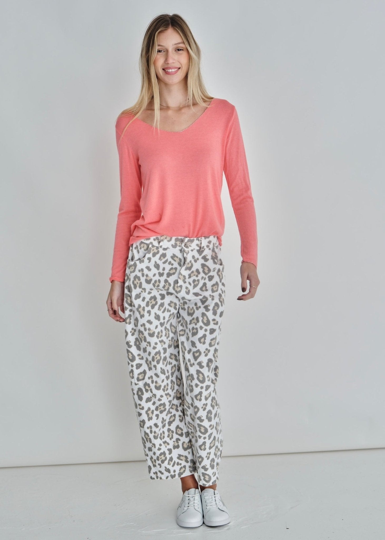 View our Italian Cotton Barrel Trousers With Leopard Print In White - by Tribute Store
