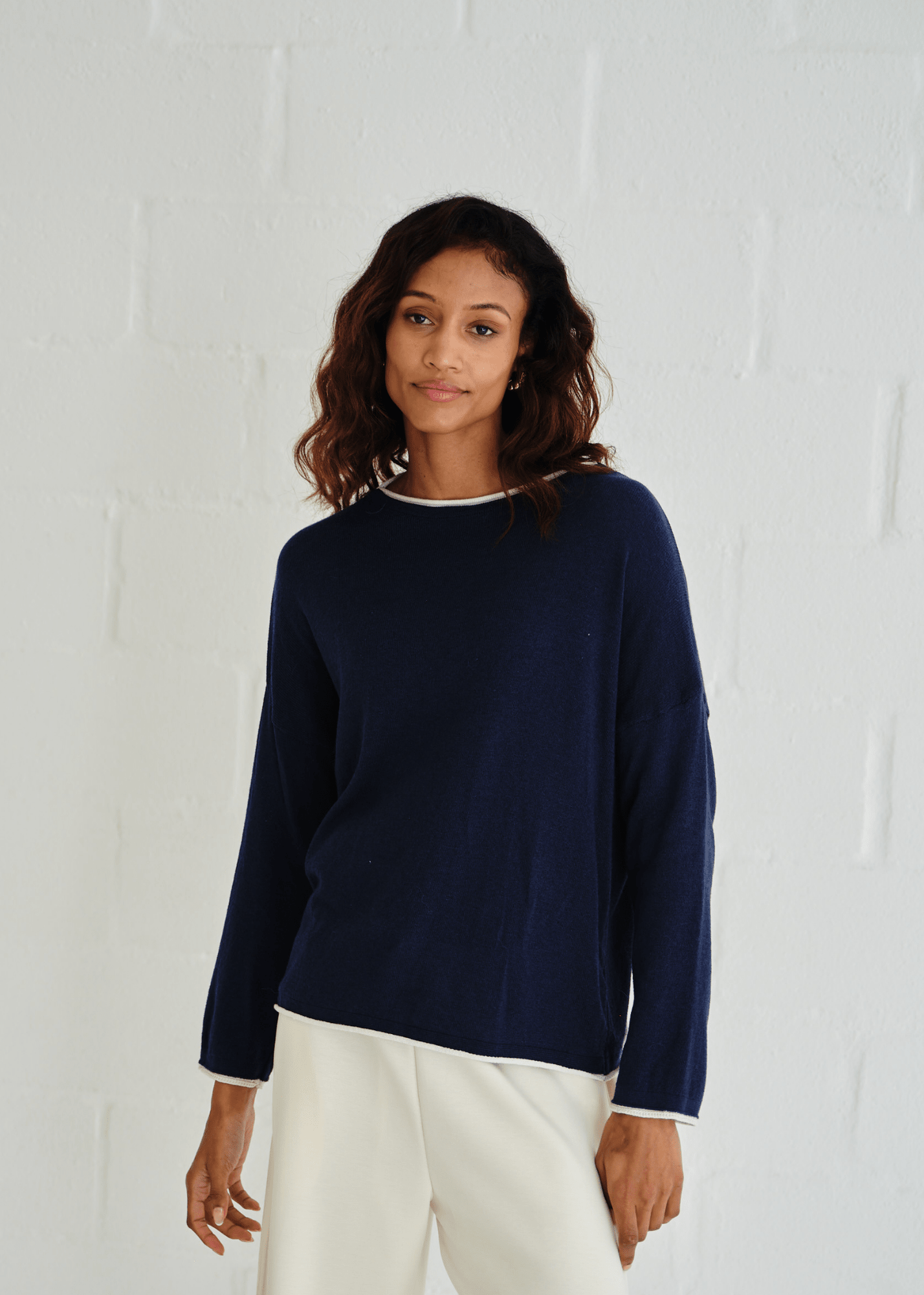 View our Italian Cotton Blend Crew Neck Knit with Border In Marine Blue - by Tribute Store