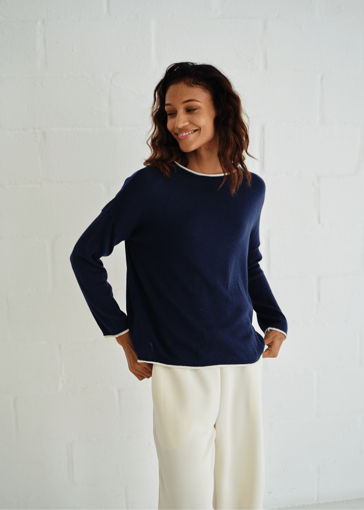 View our Italian Cotton Blend Crew Neck Knit with Border In Marine Blue - by Tribute Store