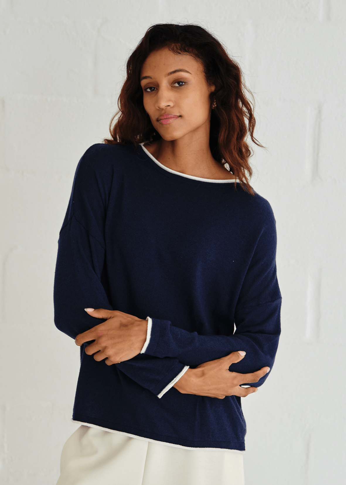View our Italian Cotton Blend Crew Neck Knit with Border In Marine Blue - by Tribute Store