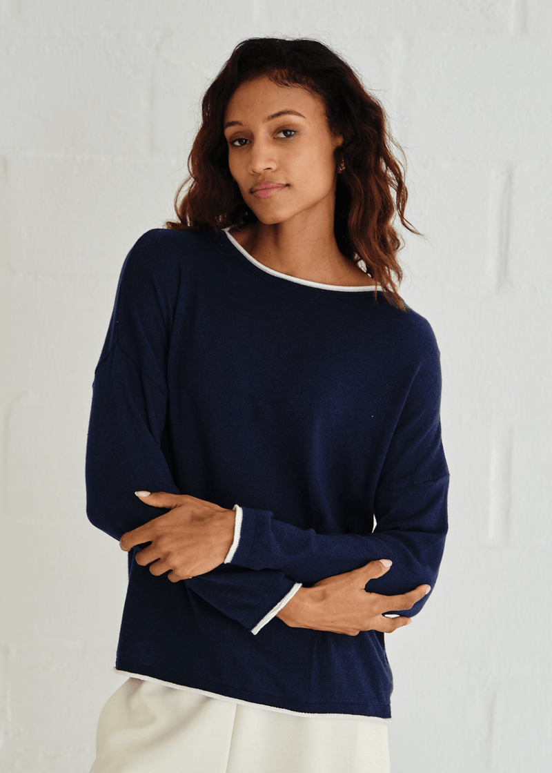View our Italian Cotton Blend Crew Neck Knit with Border In Marine Blue - by Tribute Store