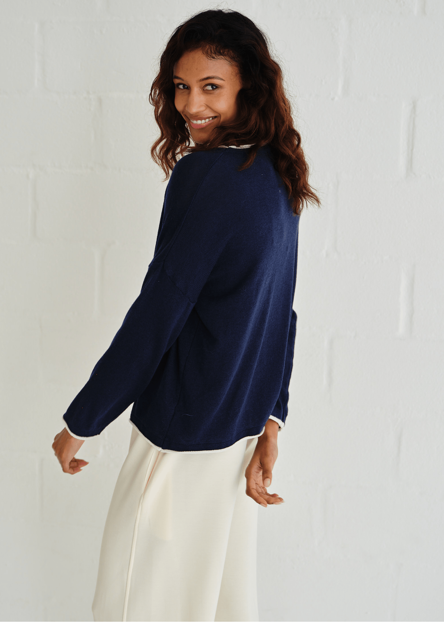 View our Italian Cotton Blend Crew Neck Knit with Border In Marine Blue - by Tribute Store