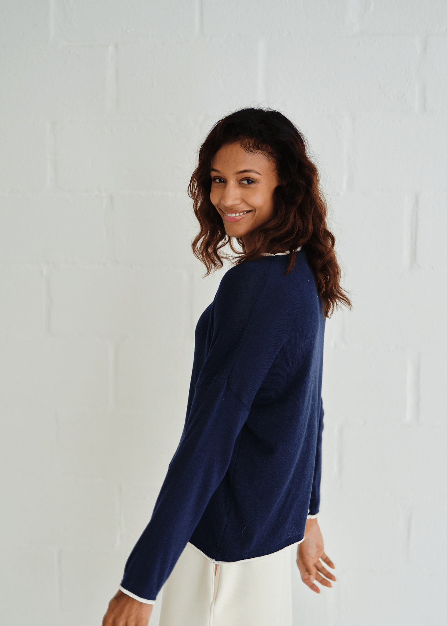 View our Italian Cotton Blend Crew Neck Knit with Border In Marine Blue - by Tribute Store