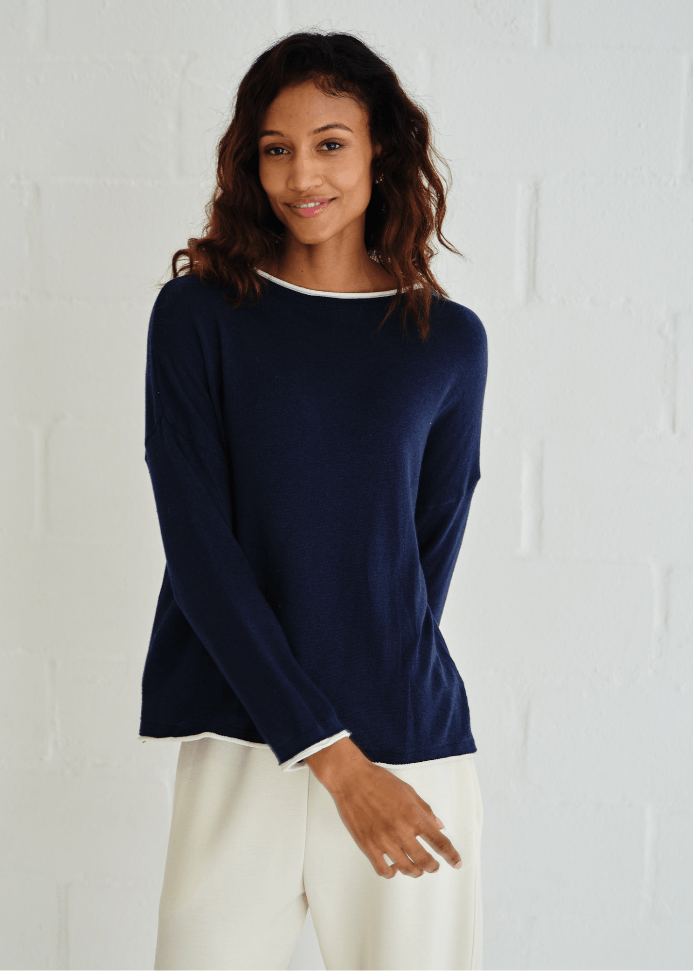 View our Italian Cotton Blend Crew Neck Knit with Border In Marine Blue - by Tribute Store
