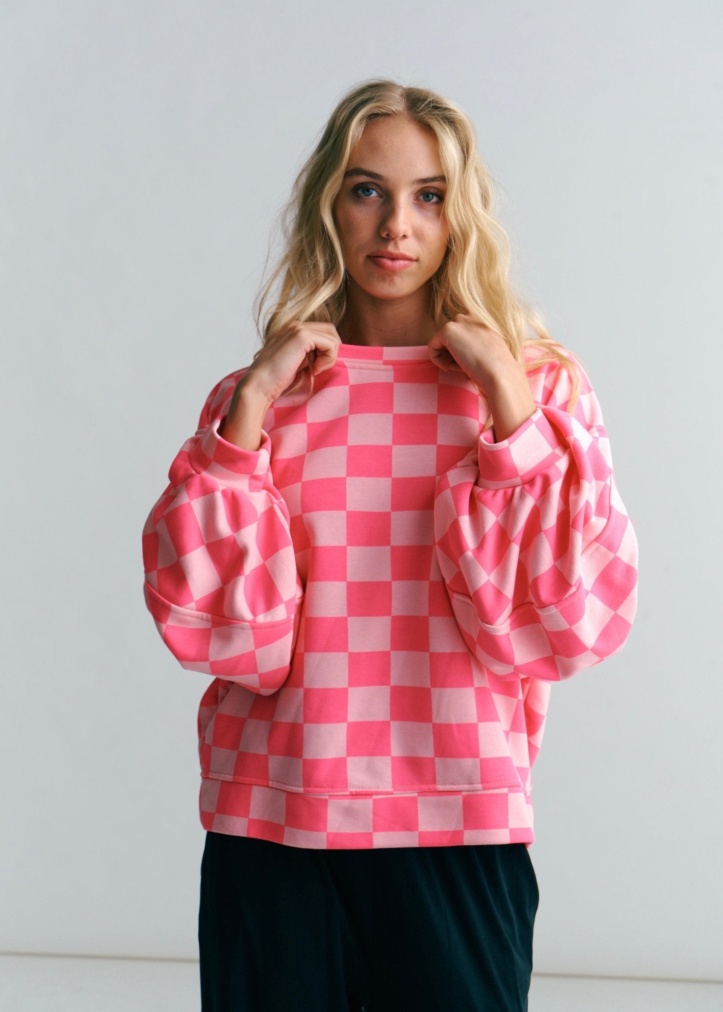 View our Italian Cotton Tracksuit Jumper With Harlequin Checks In Hot Pink & Blush - by Tribute Store
