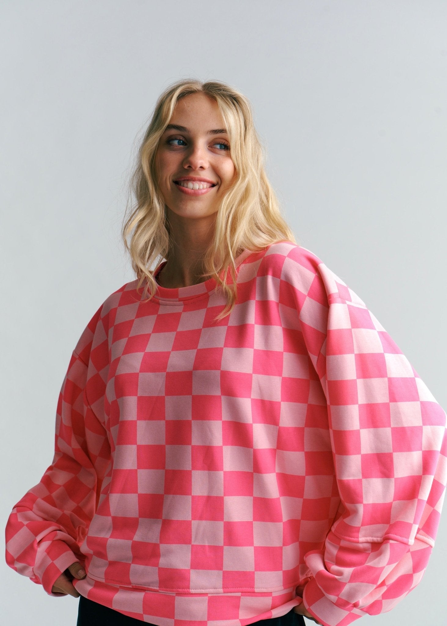View our Italian Cotton Tracksuit Jumper With Harlequin Checks In Hot Pink & Blush - by Tribute Store