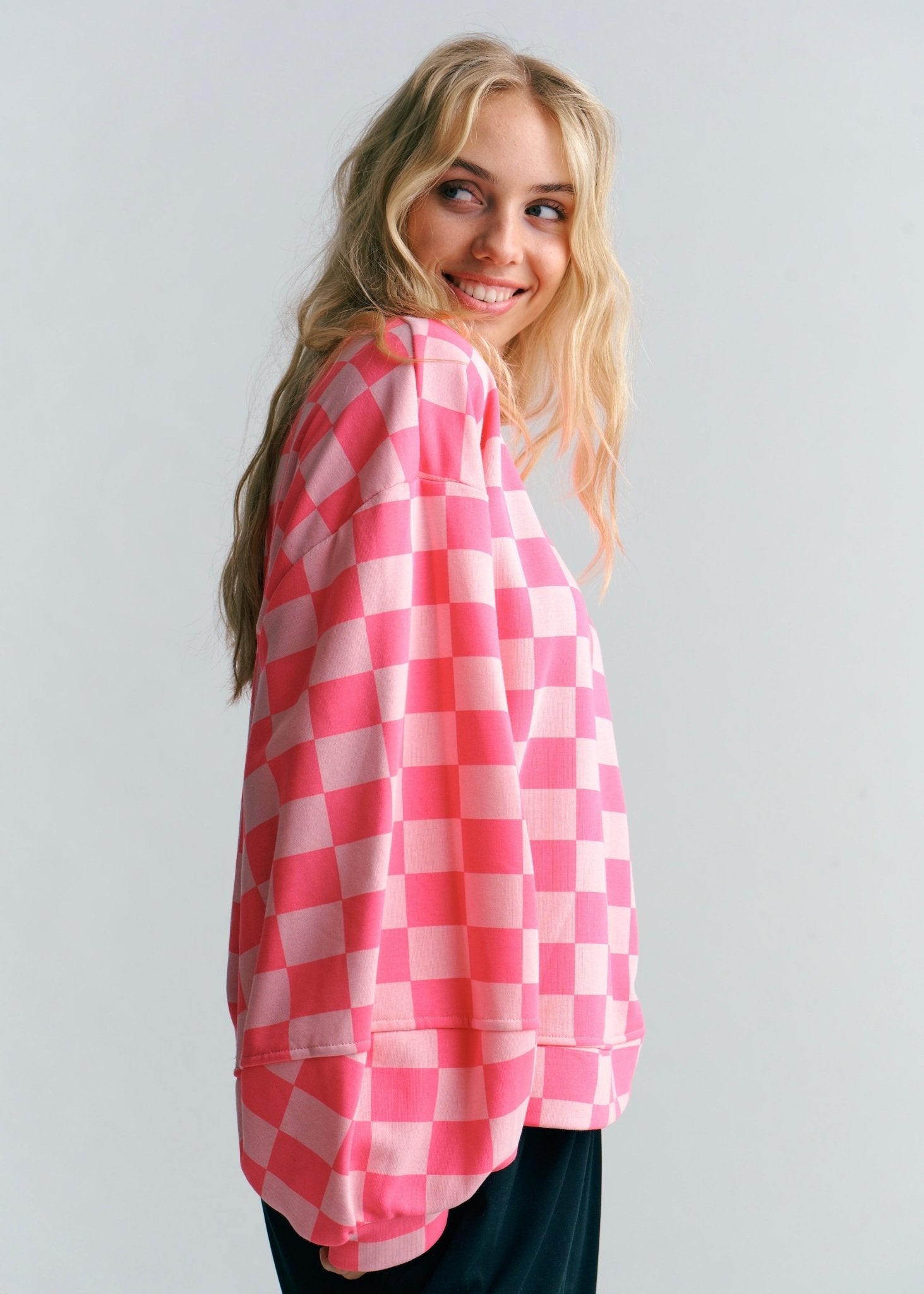 View our Italian Cotton Tracksuit Jumper With Harlequin Checks In Hot Pink & Blush - by Tribute Store
