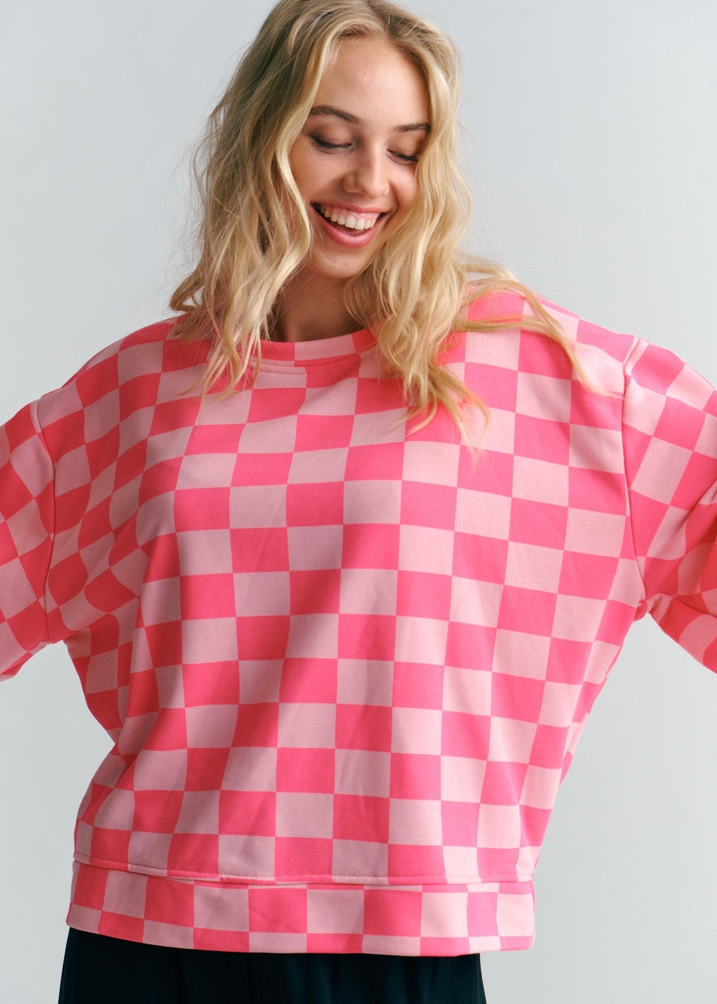 View our Italian Cotton Tracksuit Jumper With Harlequin Checks In Hot Pink & Blush - by Tribute Store