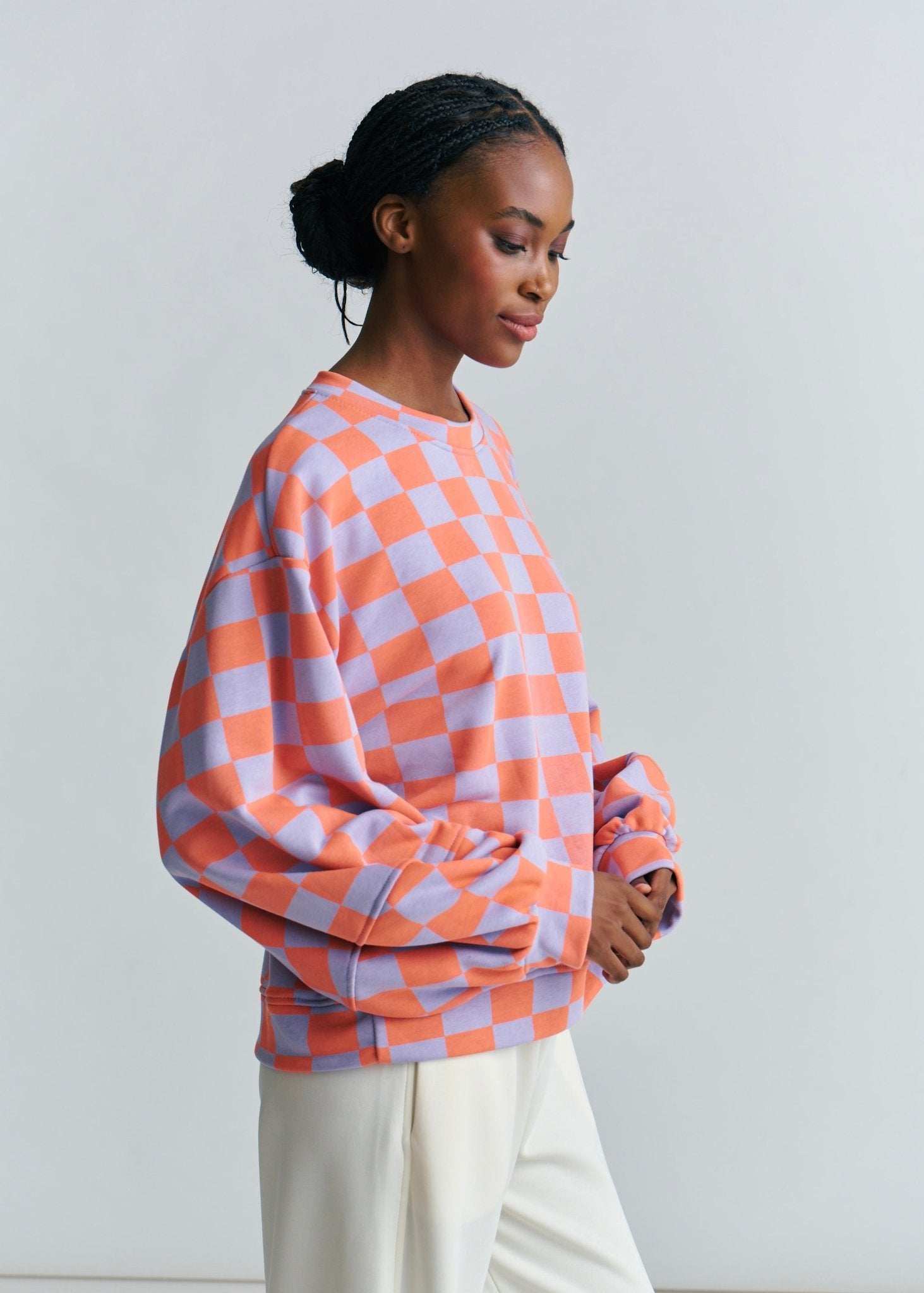 View our Italian Cotton Tracksuit Jumper With Harlequin Checks In Lilac and Orange - by Tribute Store