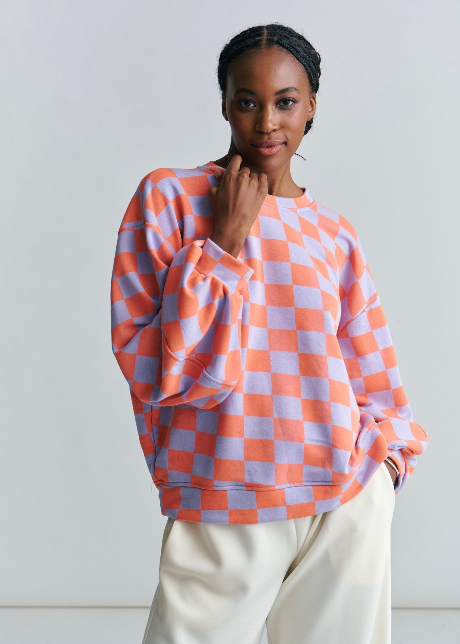 View our Italian Cotton Tracksuit Jumper With Harlequin Checks In Lilac and Orange - by Tribute Store