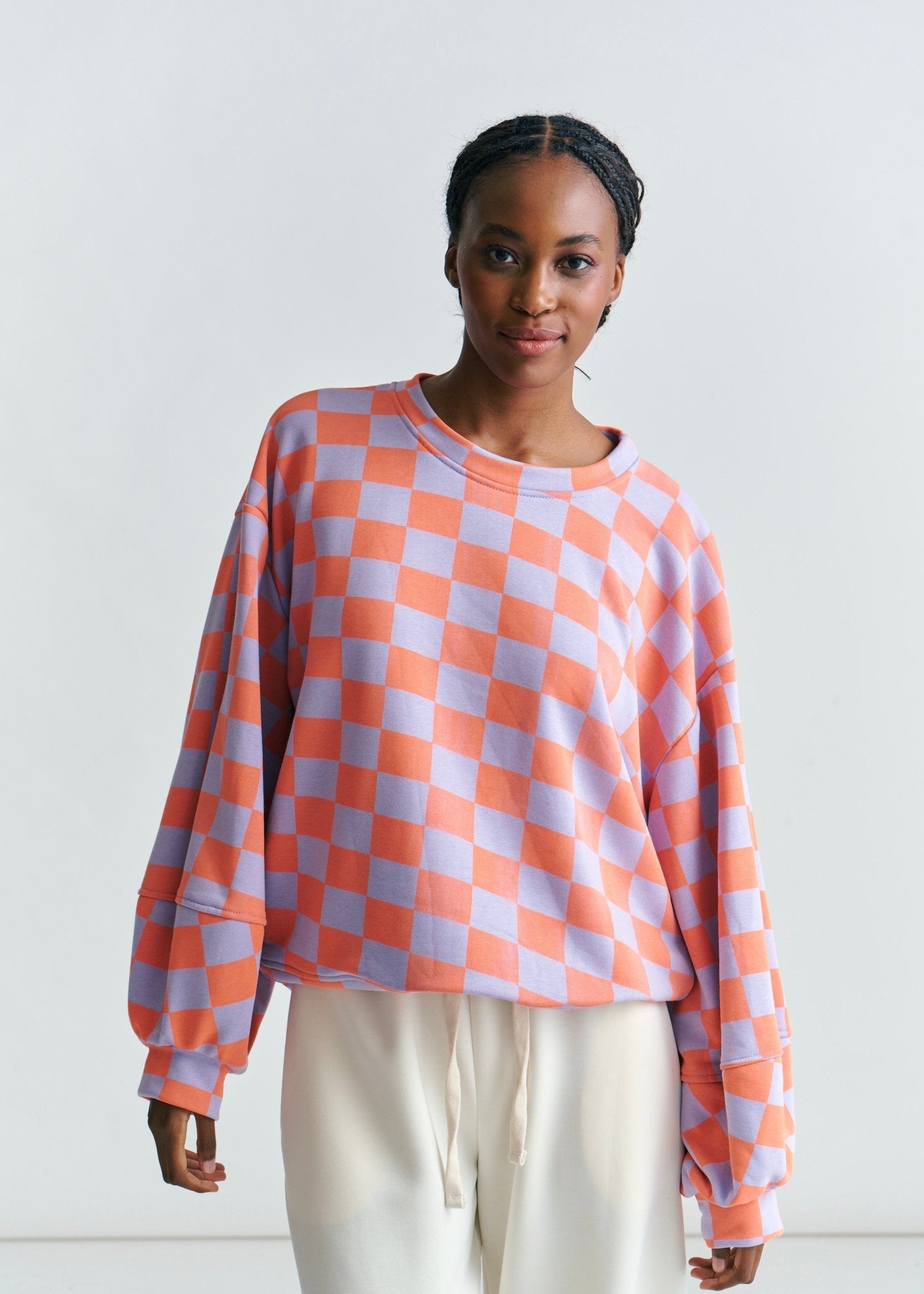 View our Italian Cotton Tracksuit Jumper With Harlequin Checks In Lilac and Orange - by Tribute Store