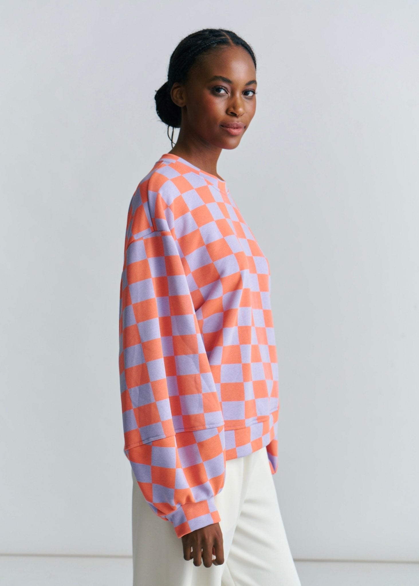 View our Italian Cotton Tracksuit Jumper With Harlequin Checks In Lilac and Orange - by Tribute Store