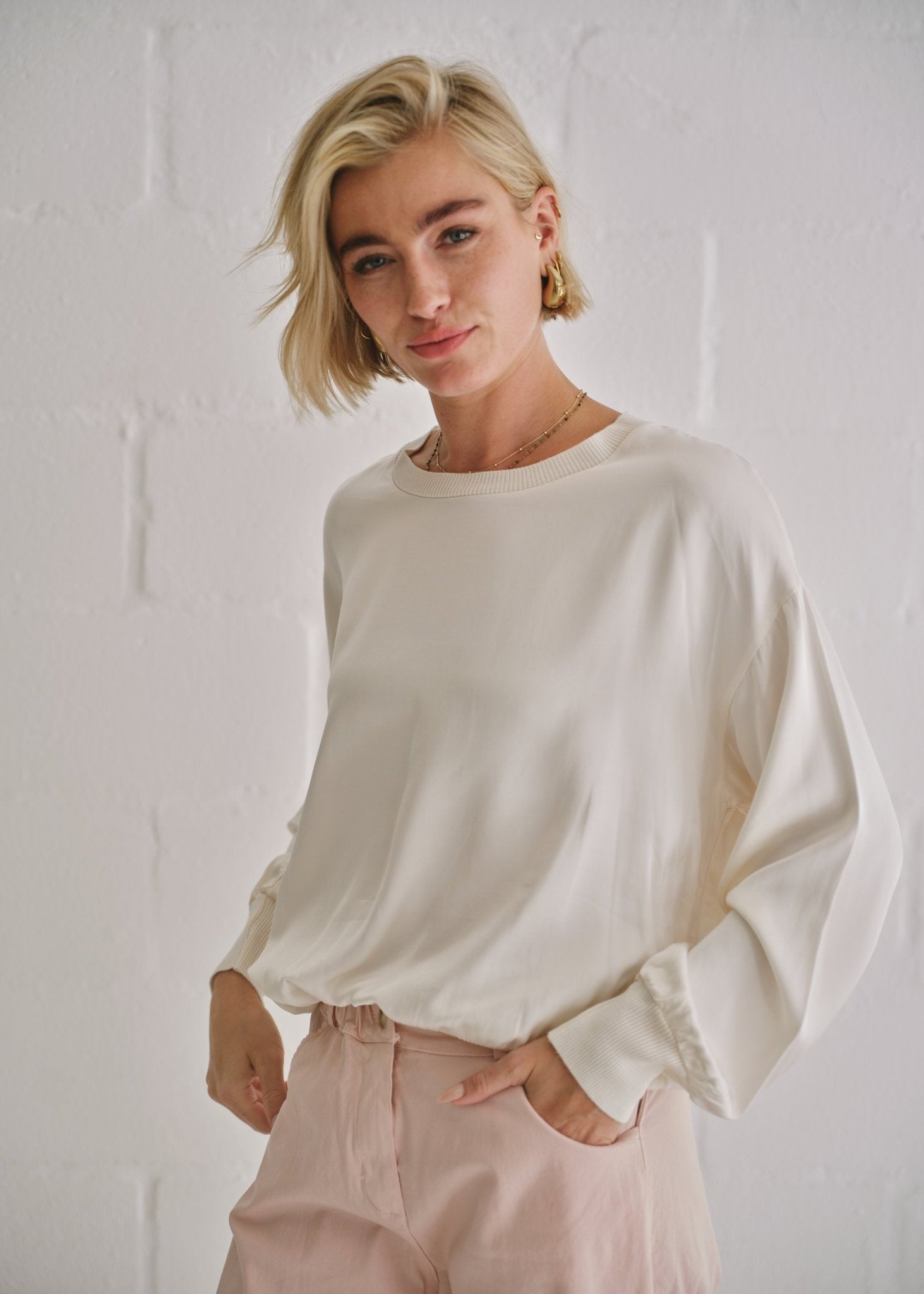 View our Italian Crew Neck Satin Long Sleeved Top In Champagne - by Tribute Store