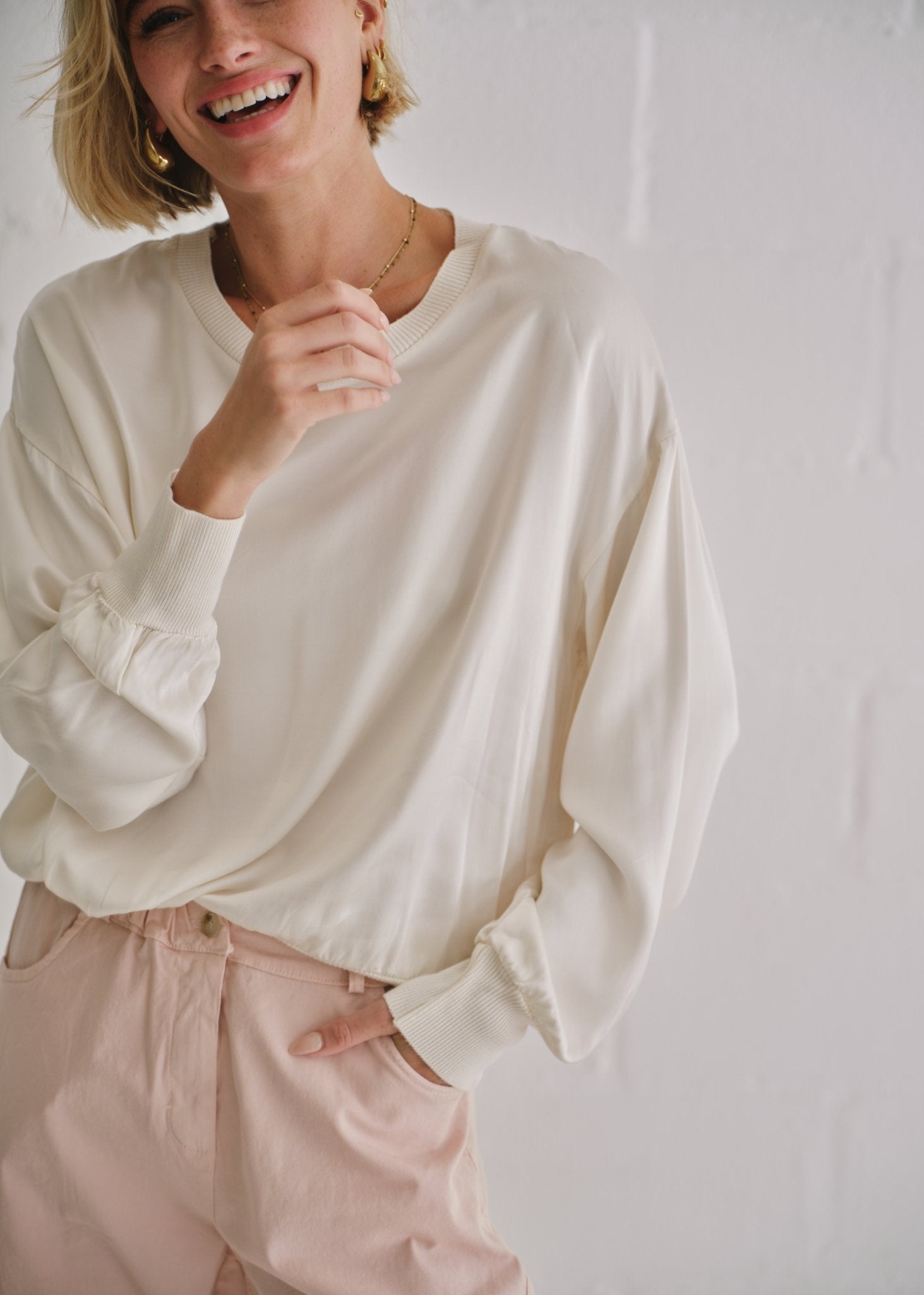 View our Italian Crew Neck Satin Long Sleeved Top In Champagne - by Tribute Store