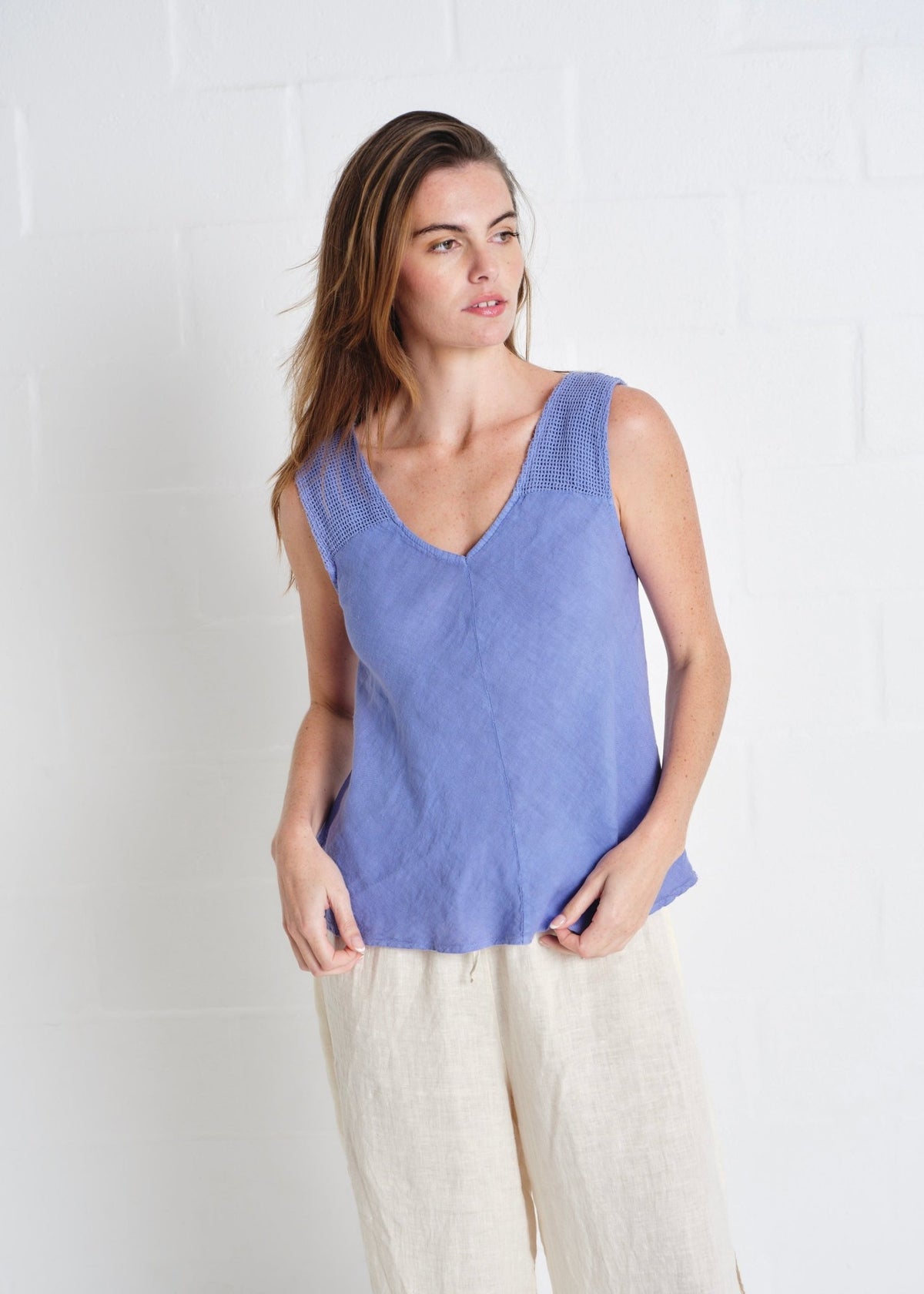 View our Italian Crochet and Linen Shoulder Vest In Blue - by Tribute Store