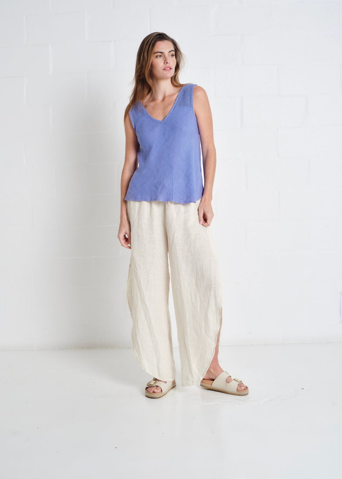 View our Italian Crochet and Linen Shoulder Vest In Blue - by Tribute Store