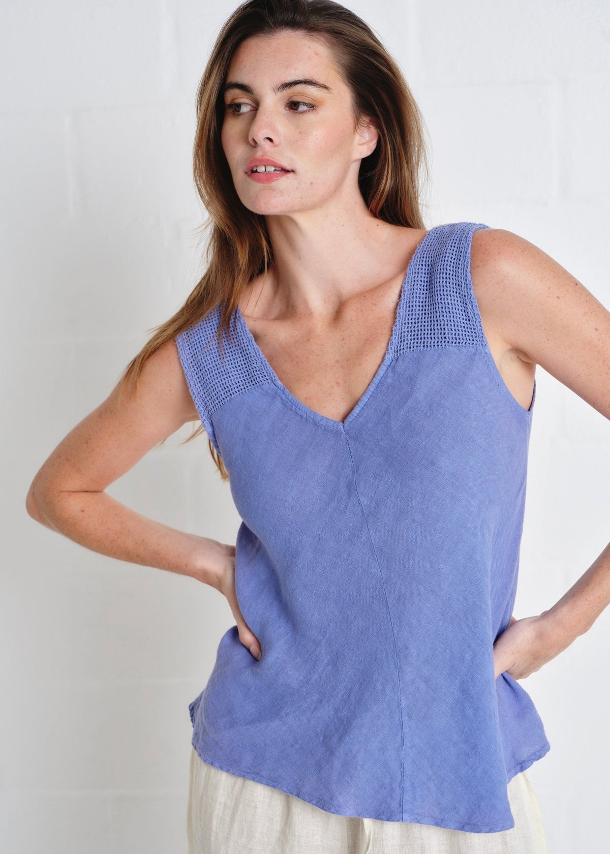View our Italian Crochet and Linen Shoulder Vest In Blue - by Tribute Store