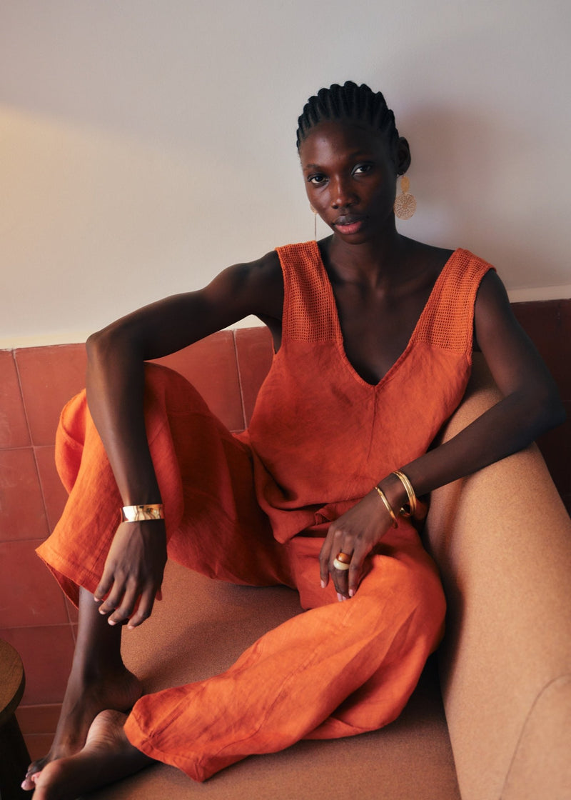 View our Italian Crochet and Linen Shoulder Vest In Rust - by Tribute Store